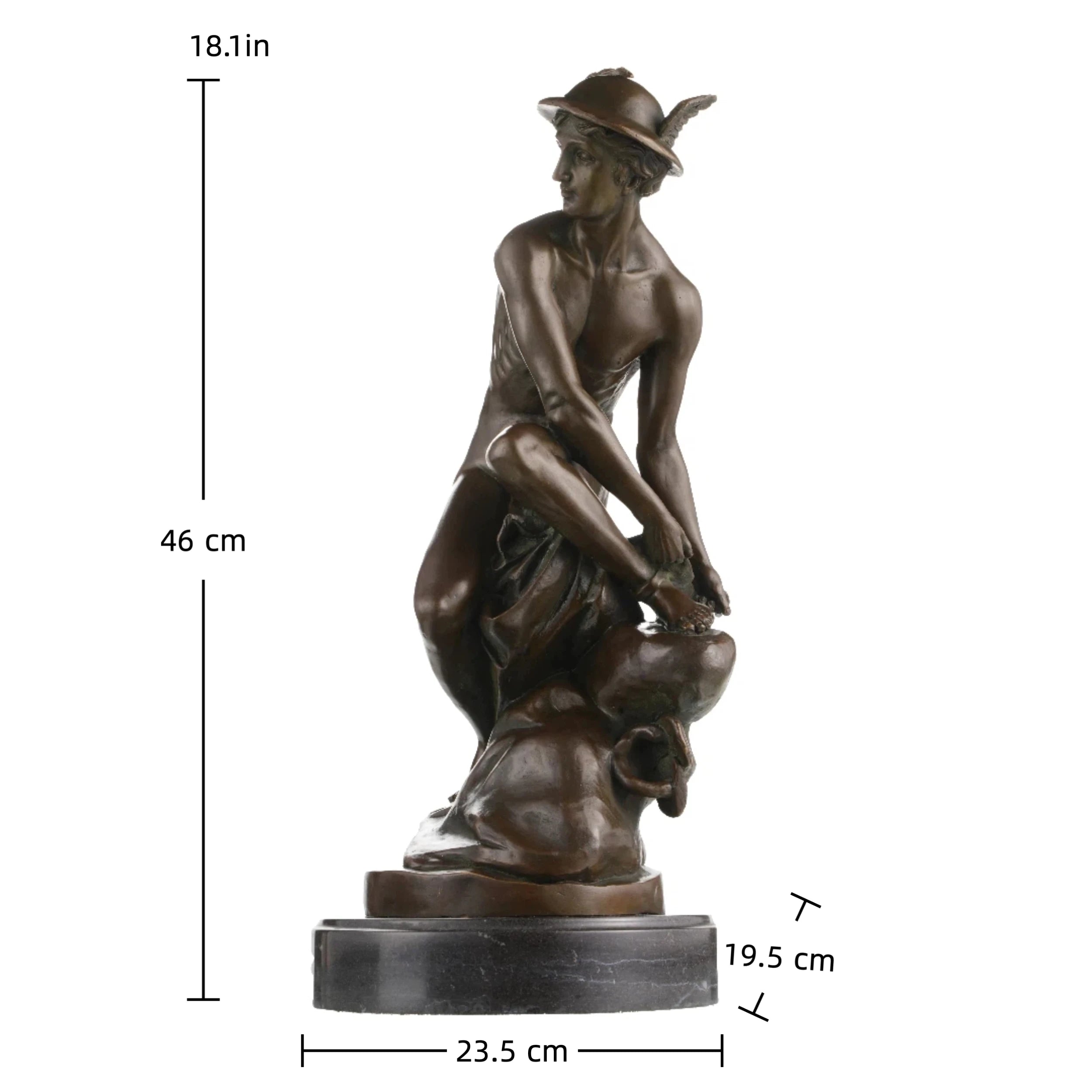 Hermes bronze sculpture with winged hat on marble base