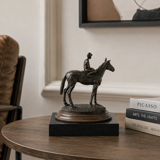 Horse and Rider Bronze Sculpture displayed in a modern interior