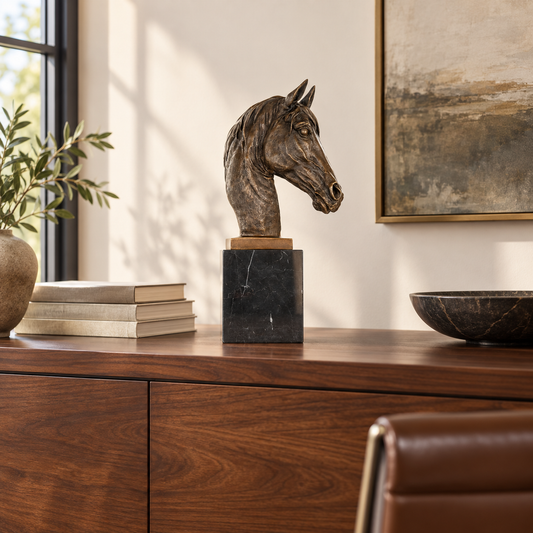 Horse Head Bust bronze sculpture displayed in a minimalist interior