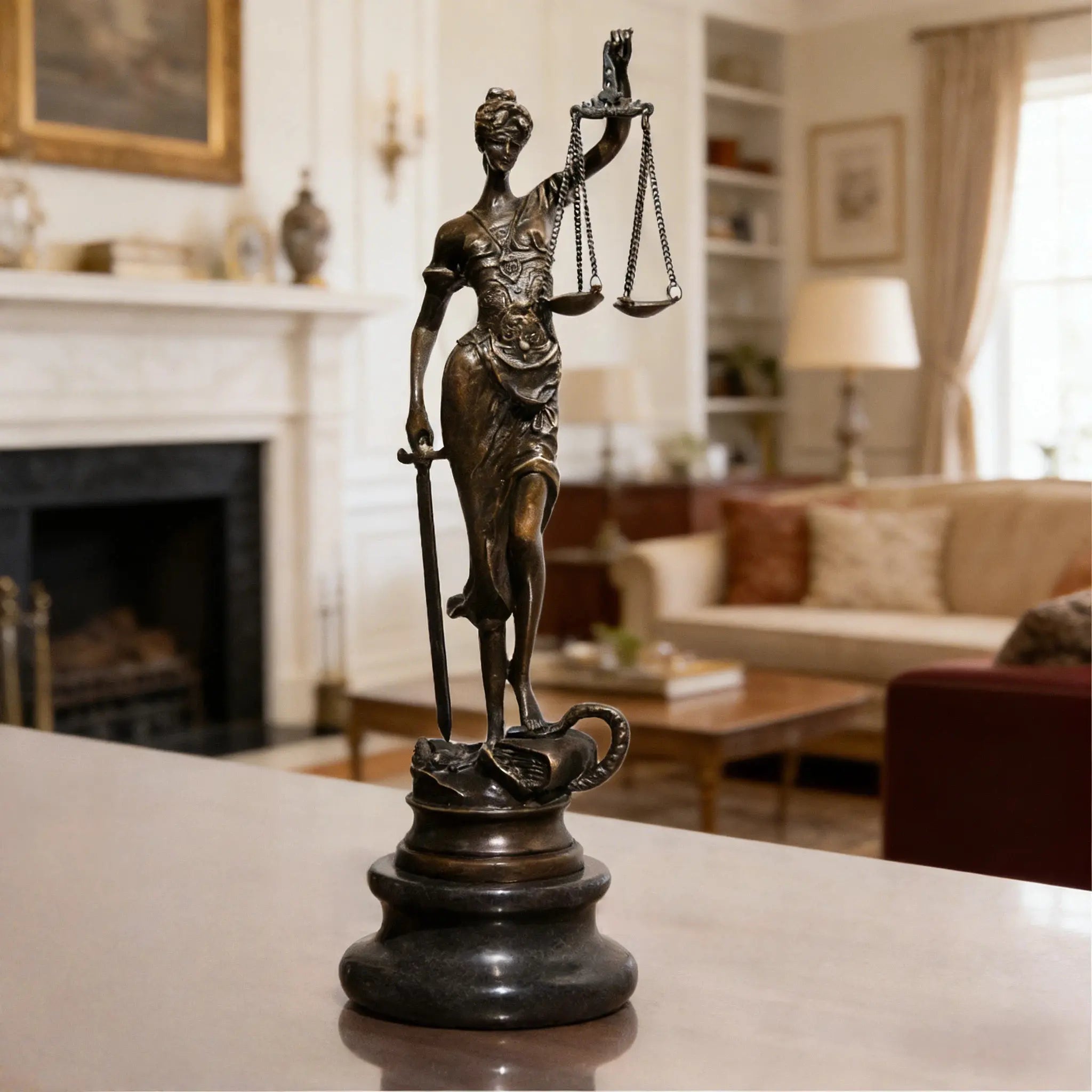 This bronze sculpture portrays Lady Justice (Justitia), the timeless symbol of law, fairness, and moral authority. Draped in a classical robe with finely sculpted folds, the figure conveys dignity and balance.