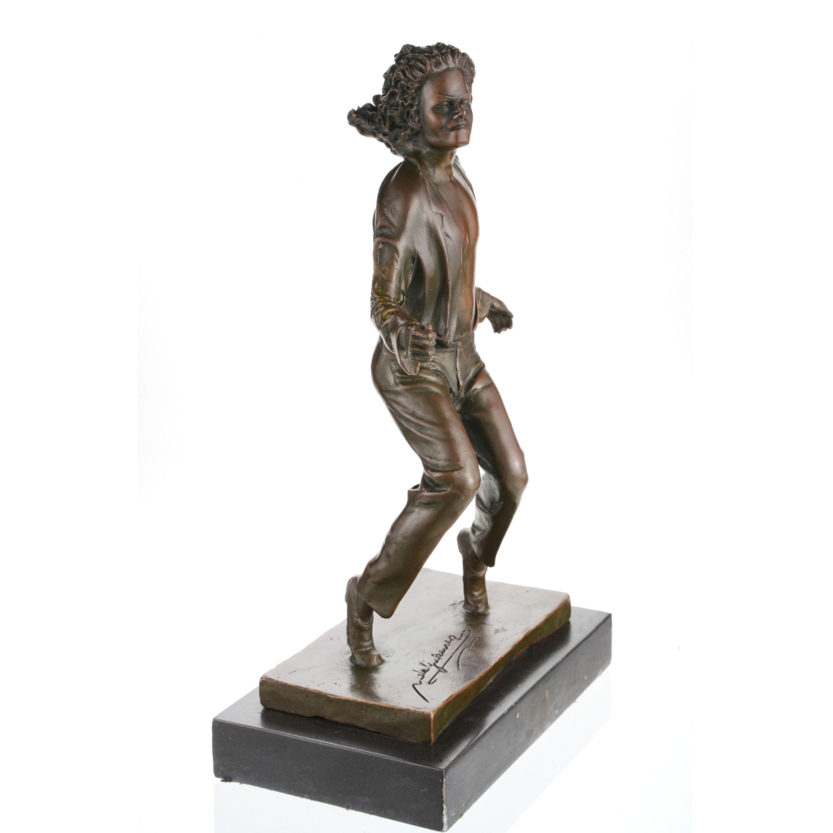 Dynamic bronze Michael Jackson sculpture in classic dance pose, King of Pop statue with flowing hair and open jacket on black marble base, loss wax casting music memorabilia.