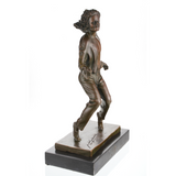 Dynamic bronze Michael Jackson sculpture in classic dance pose, King of Pop statue with flowing hair and open jacket on black marble base, loss wax casting music memorabilia.