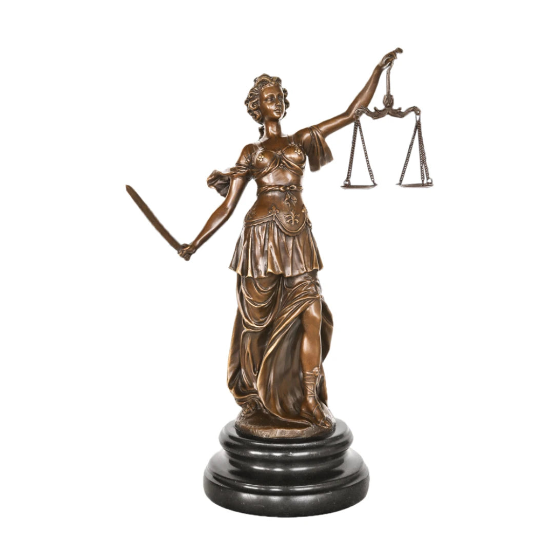 Handcrafted Lady Justice bronze statue holding scales and sword with detailed classical drapery