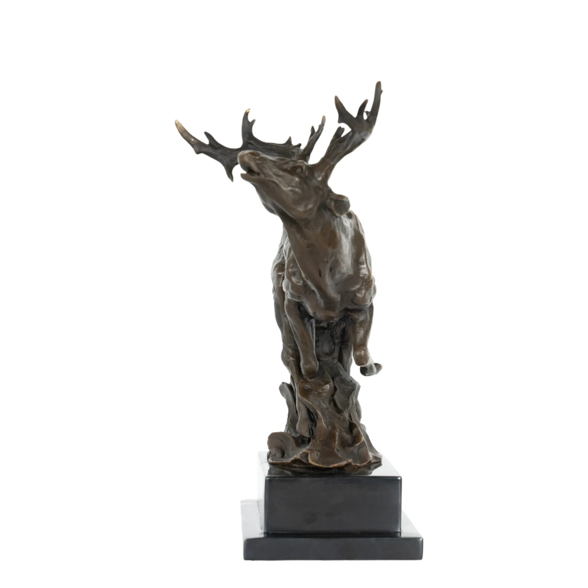 Front view of leaping reindeer bronze sculpture with detailed antlers