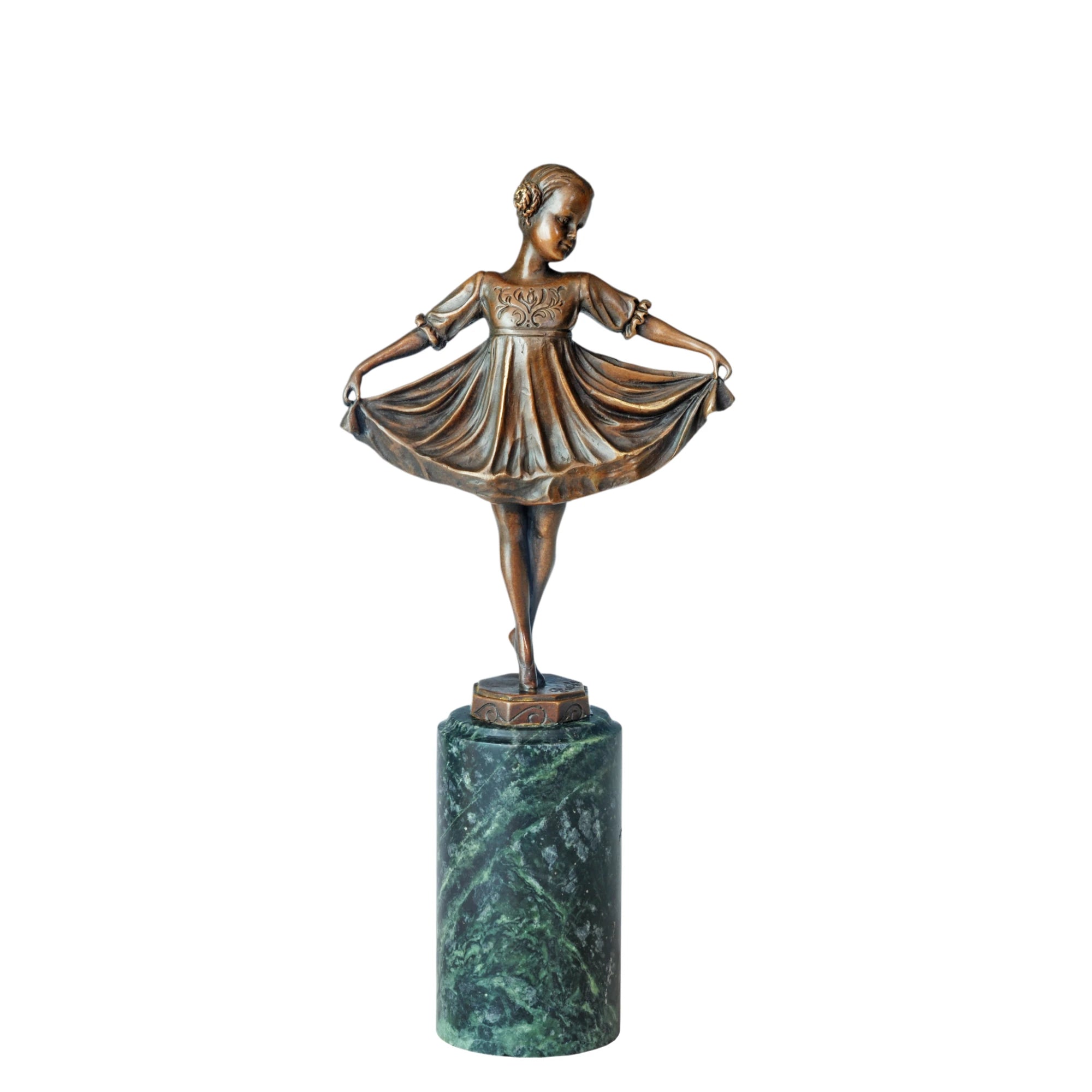 Front view of little girl ballerina bronze sculpture holding her flowing dress on a green marble pedestal