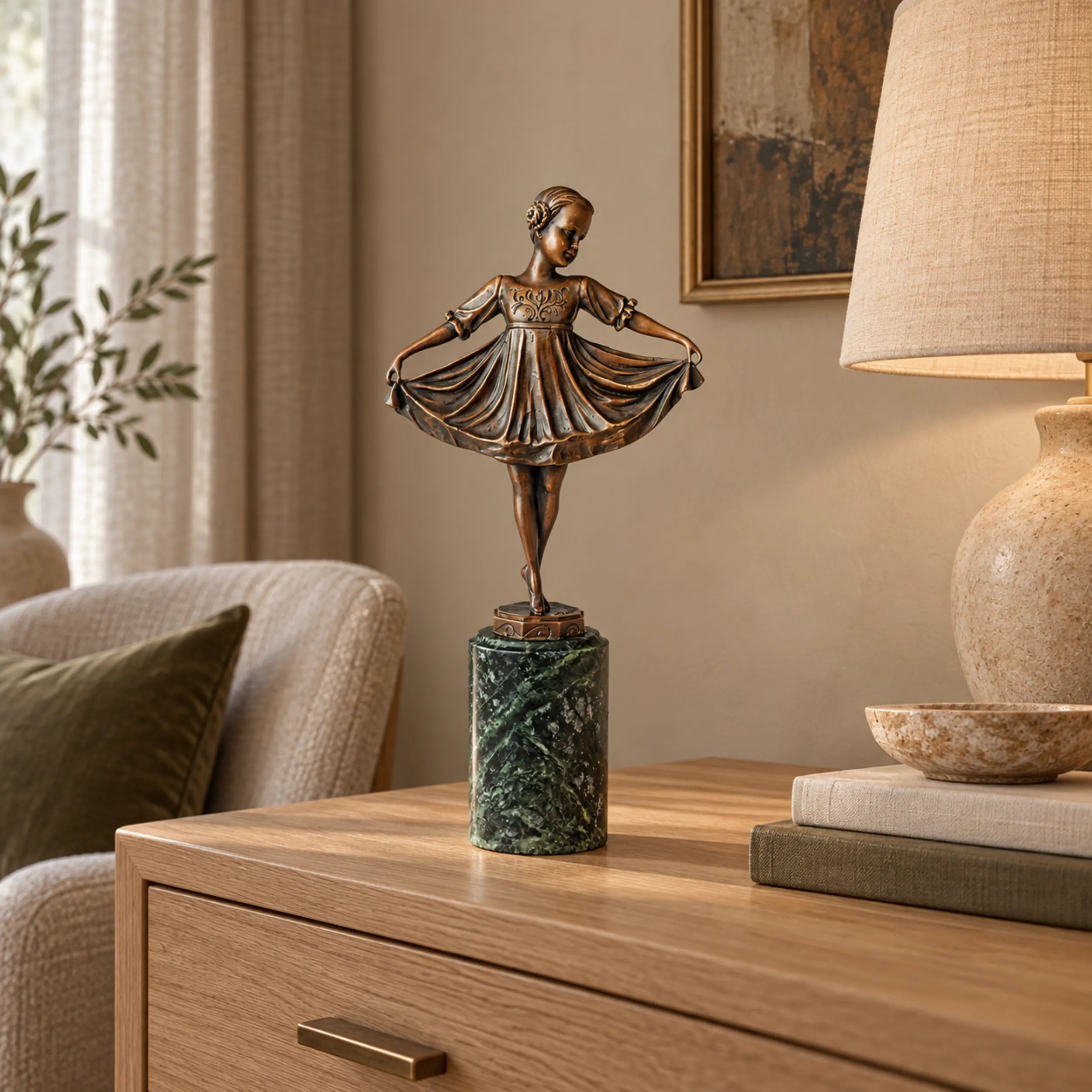 Little girl ballerina bronze sculpture displayed on an elegant console table in a modern home