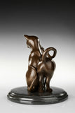 Three-quarter view of loving cats bronze sculpture on a dark marble base