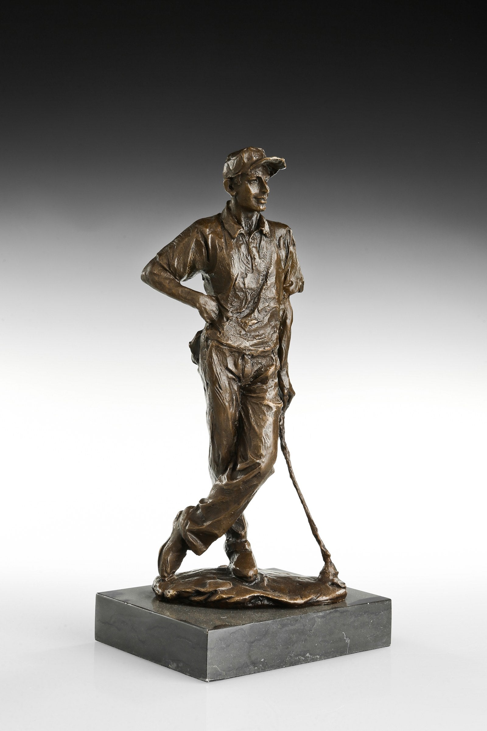 Male Golfer bronze sculpture, face and patina detail