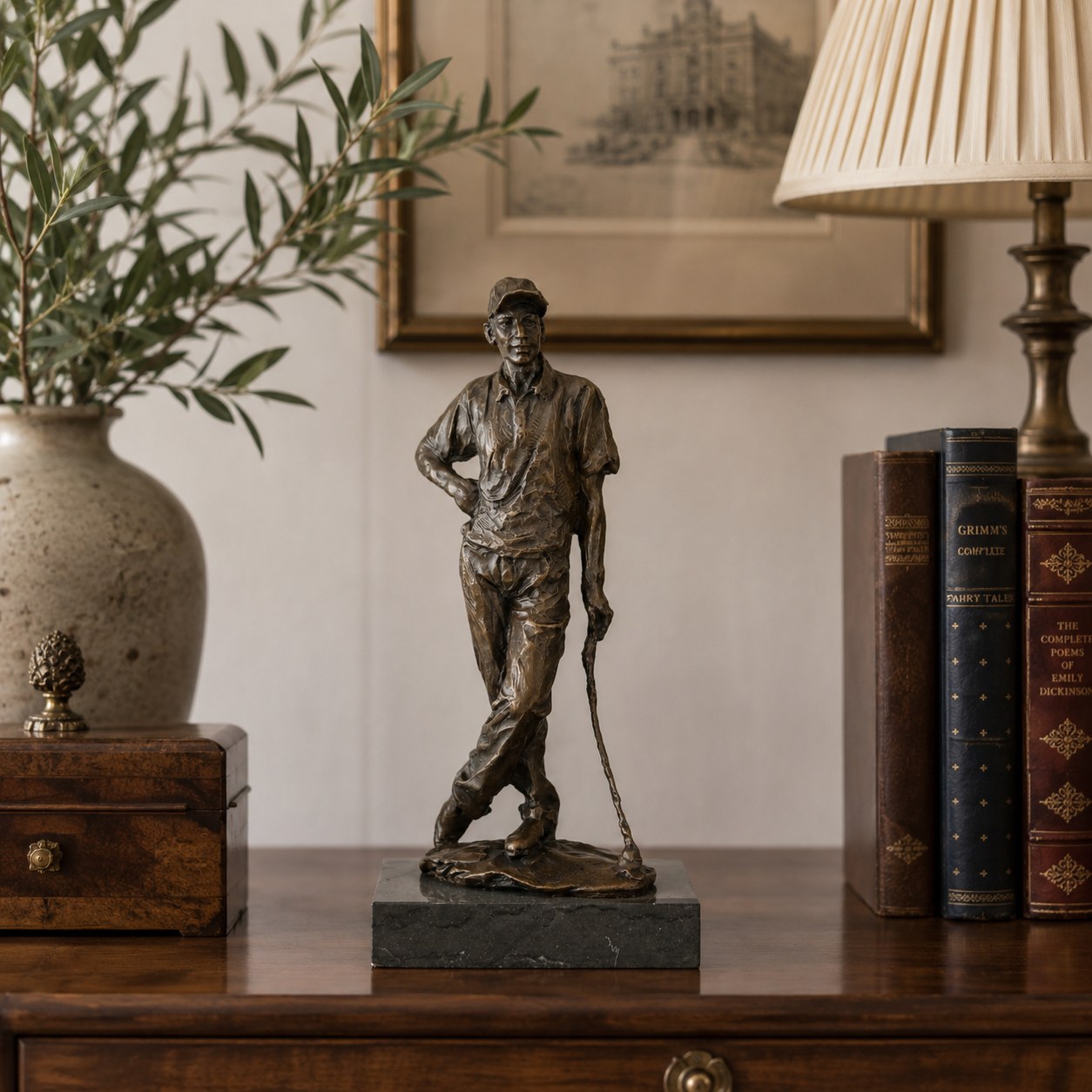 Male Golfer bronze sculpture displayed in a refined interior setting