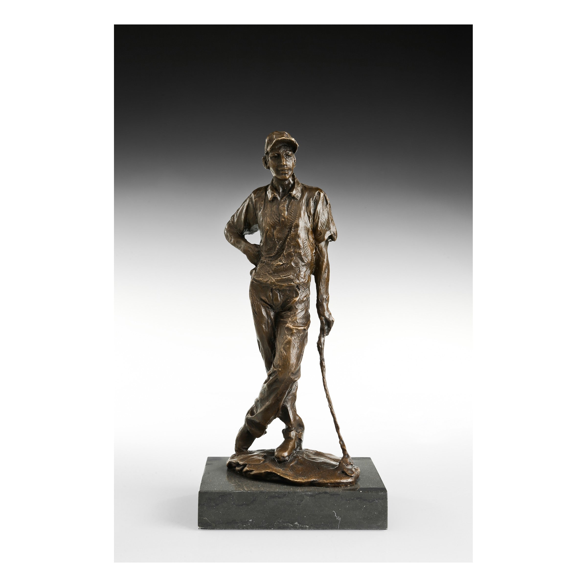 Male Golfer bronze sculpture on a black marble base, main studio view