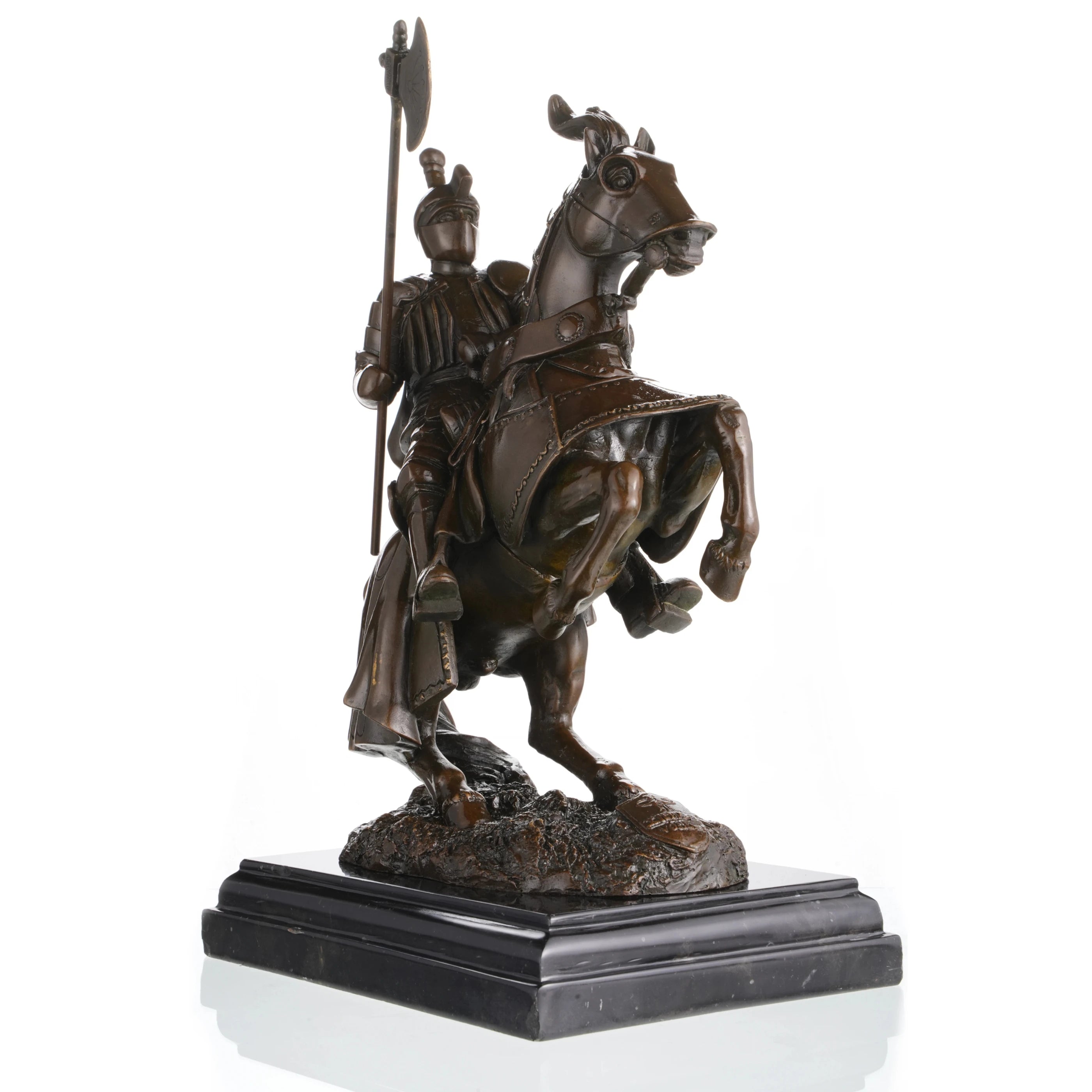 Medieval knight in plate armor on rearing horse bronze sculpture, detailed horse barding and armor statue on black marble base, loss wax casting historical art.