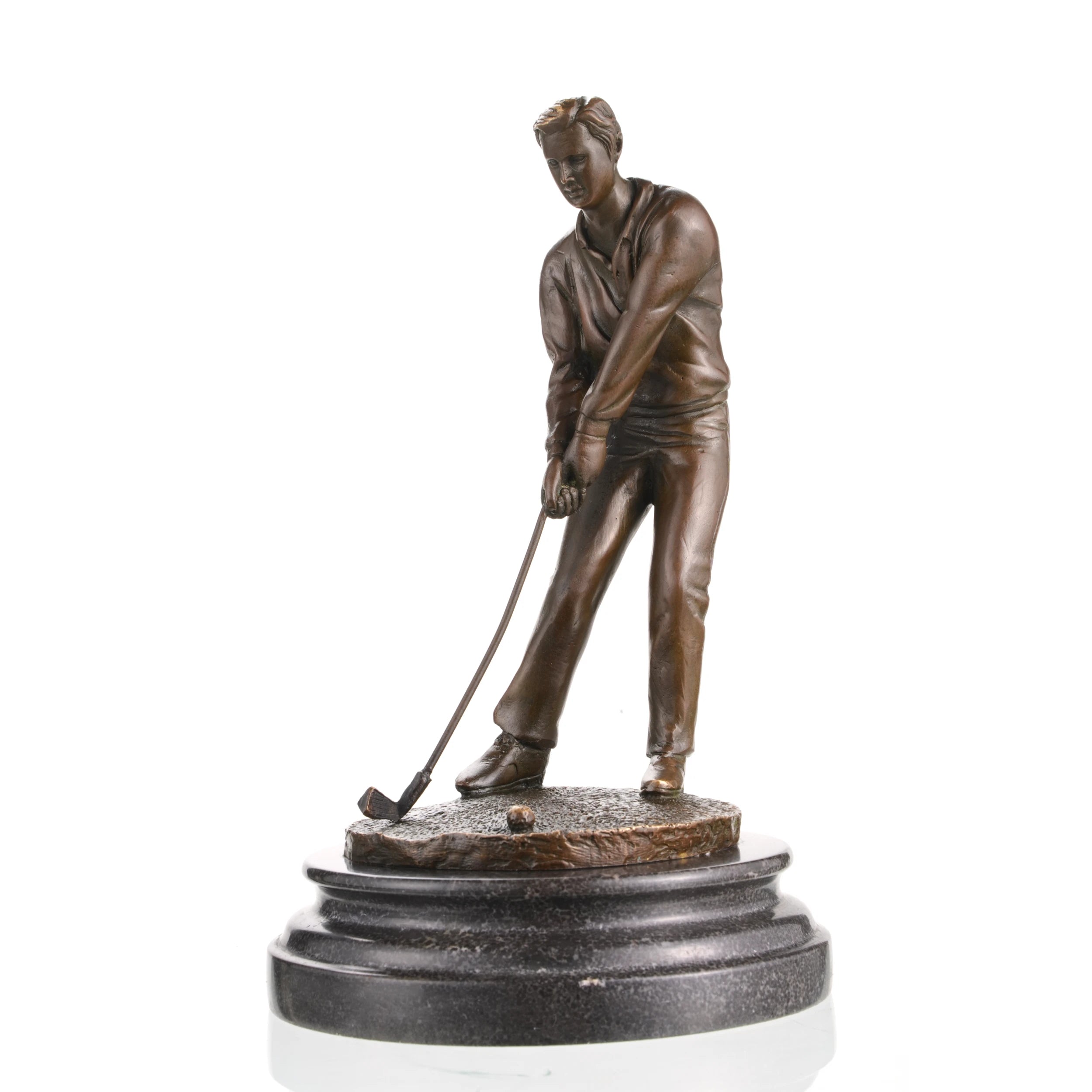 Hyper-realistic bronze golfer sculpture mid-putt, detailed man putting golf ball statue on stepped black marble base, loss wax casting sports art for office decor.