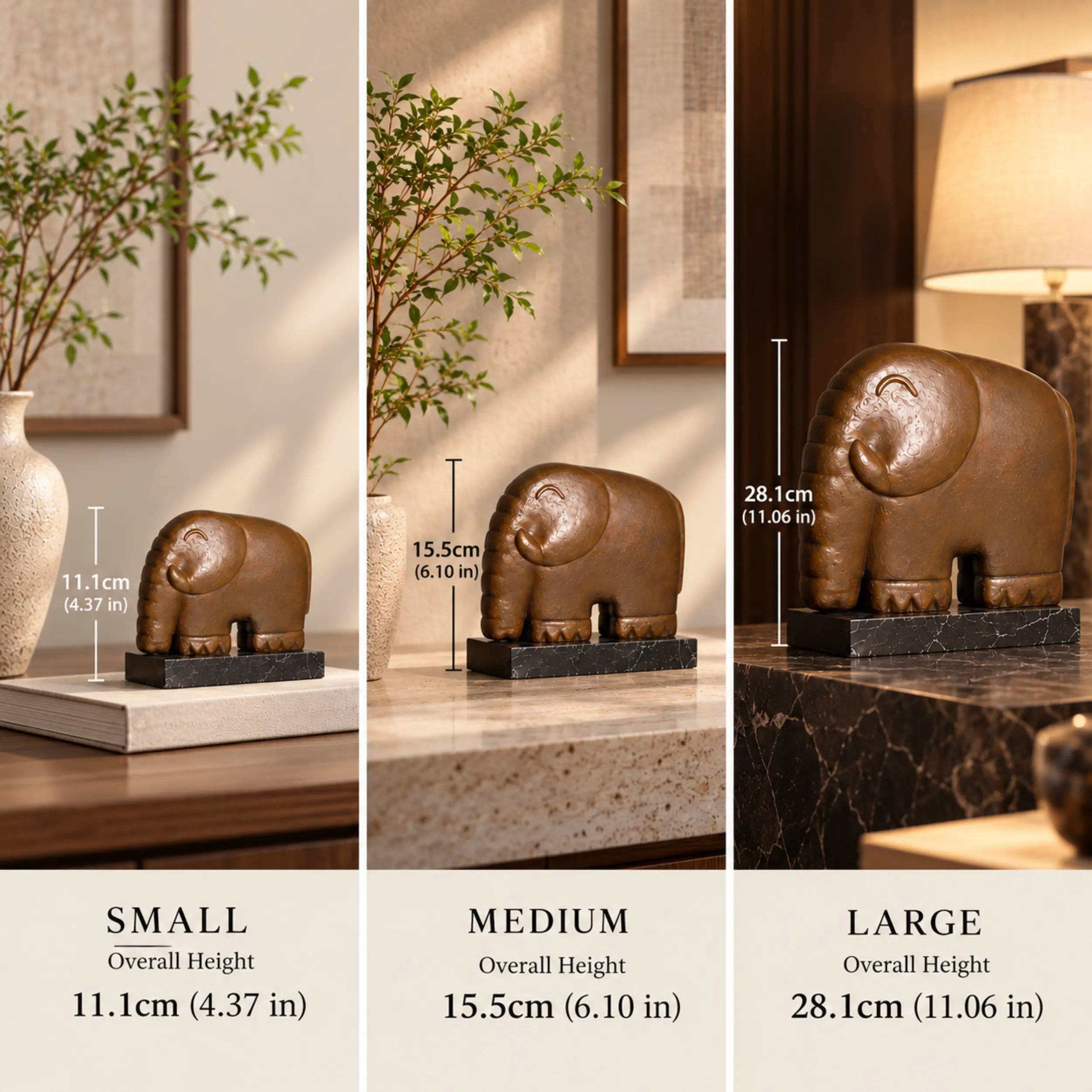 Small, medium and large minimalist elephant bronze sculptures shown together for size comparison