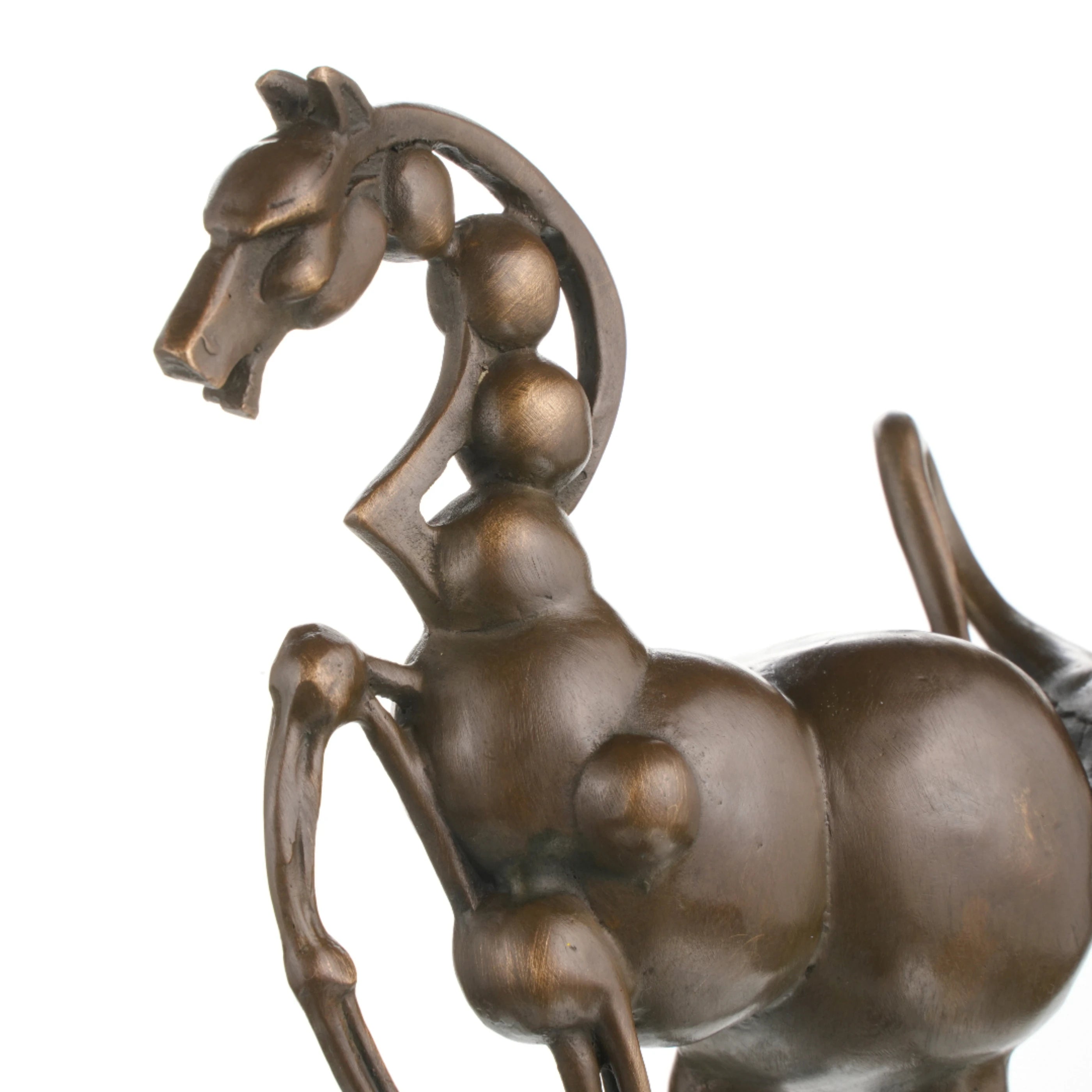 Abstract constructivist bronze horse sculpture with spherical joints, modern equine statue on black marble base, 2026 Year of the Horse symbolic art.