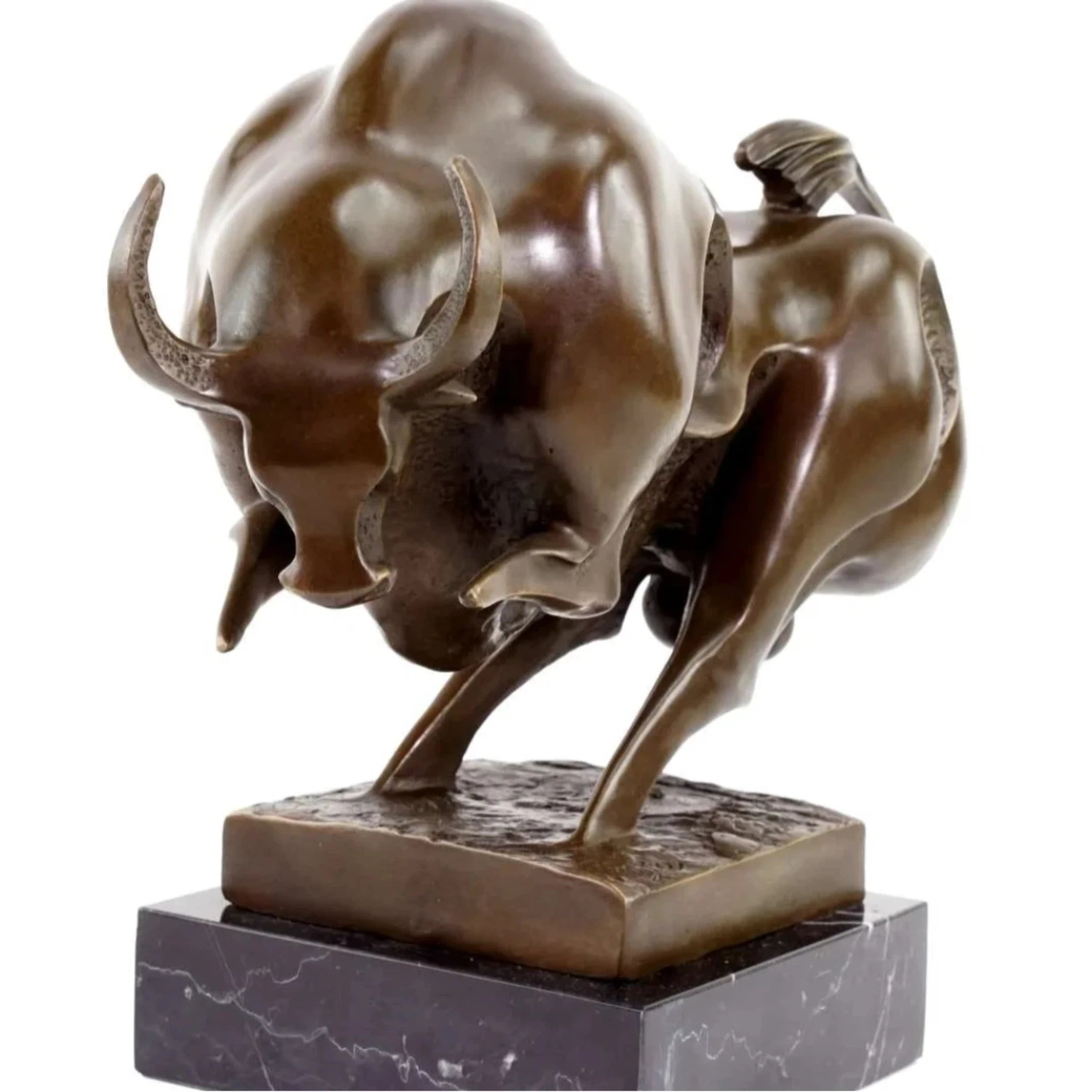 Contemporary abstract bronze charging bull sculpture with polished curves and textured voids, modern geometric animal statue on black marble base, loss wax casting fine art.