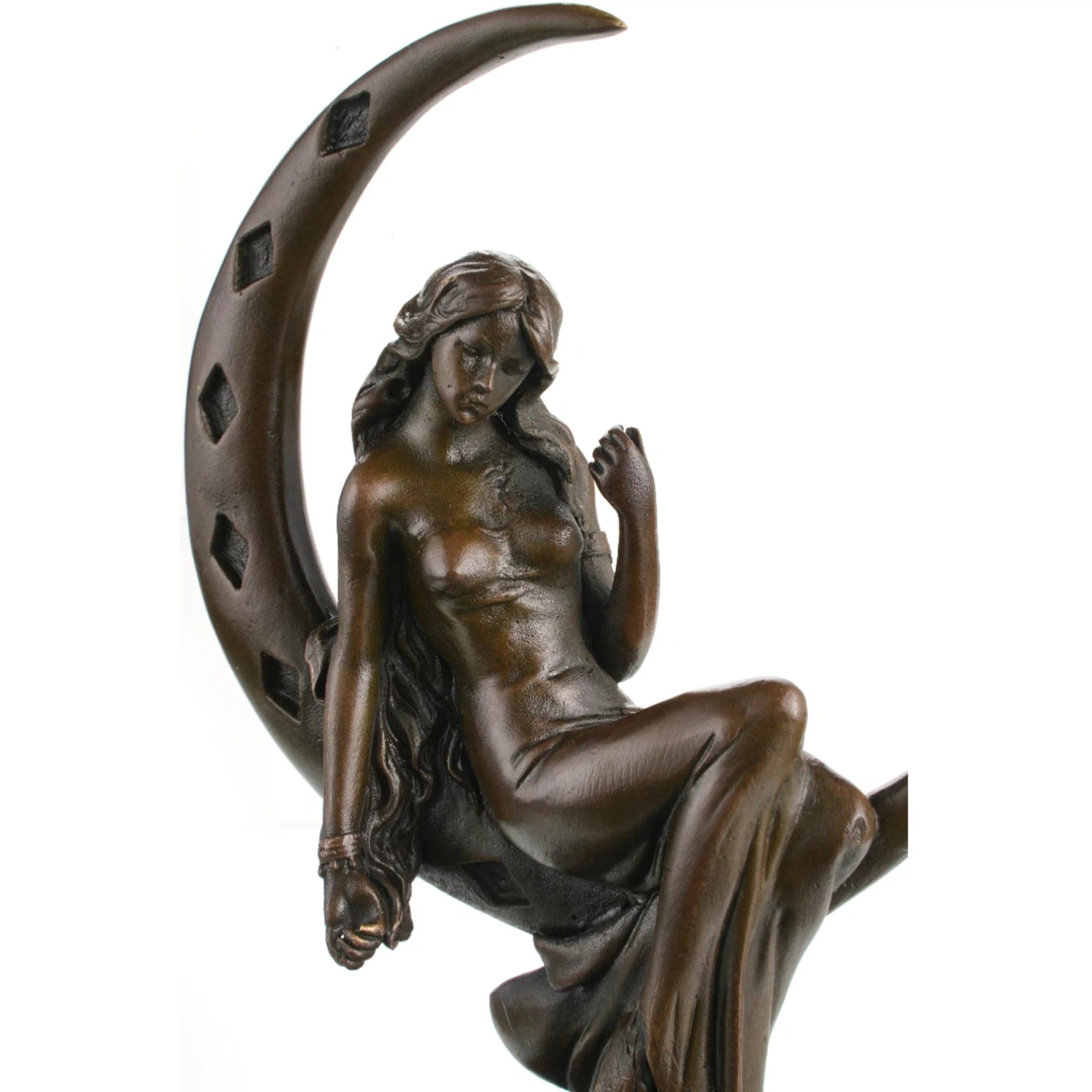 Art Nouveau moon goddess bronze sculpture seated on crescent moon, celestial maiden statue with flowing hair on black marble base, loss wax casting fantasy art.