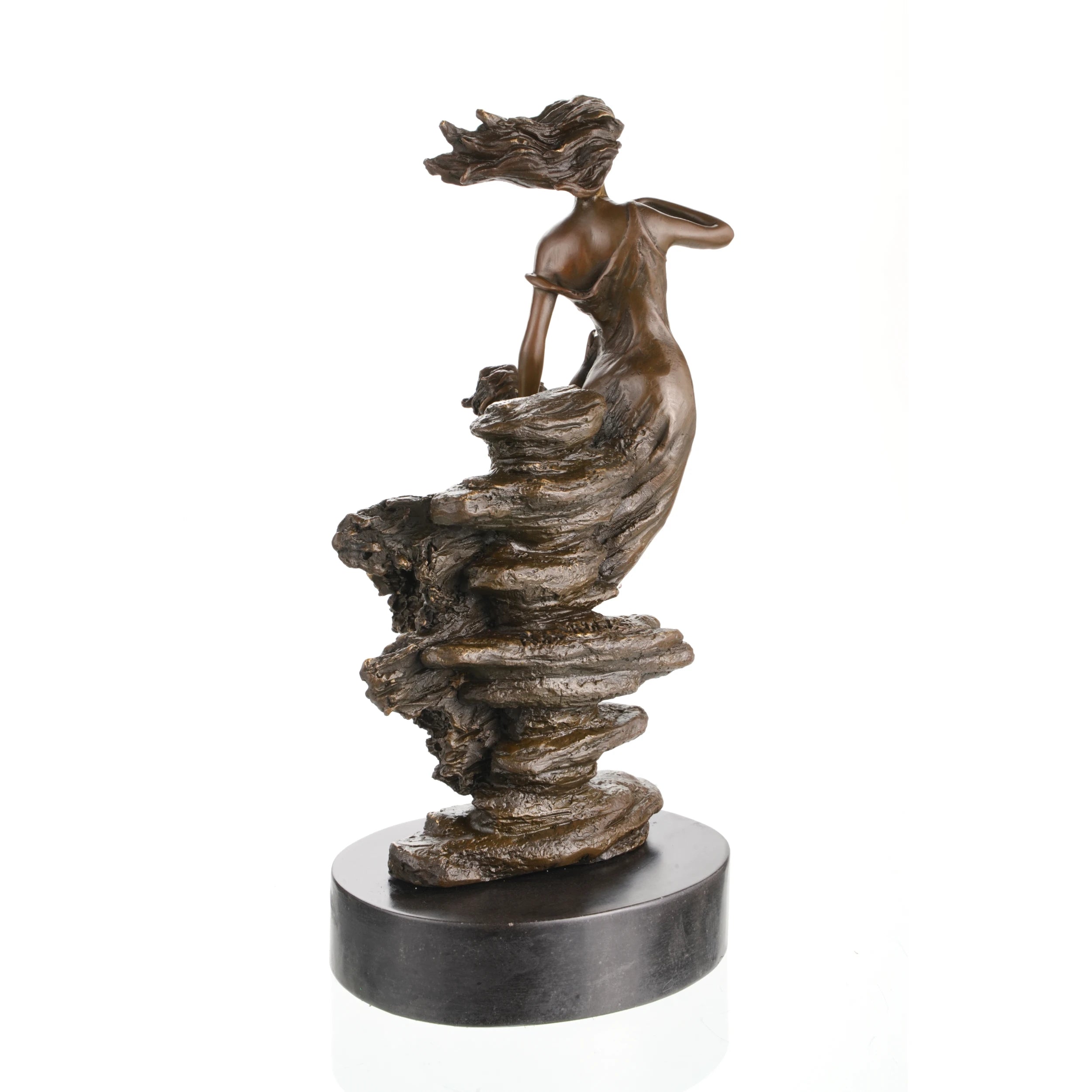 Rear view of handcrafted bronze mother and child sculpture