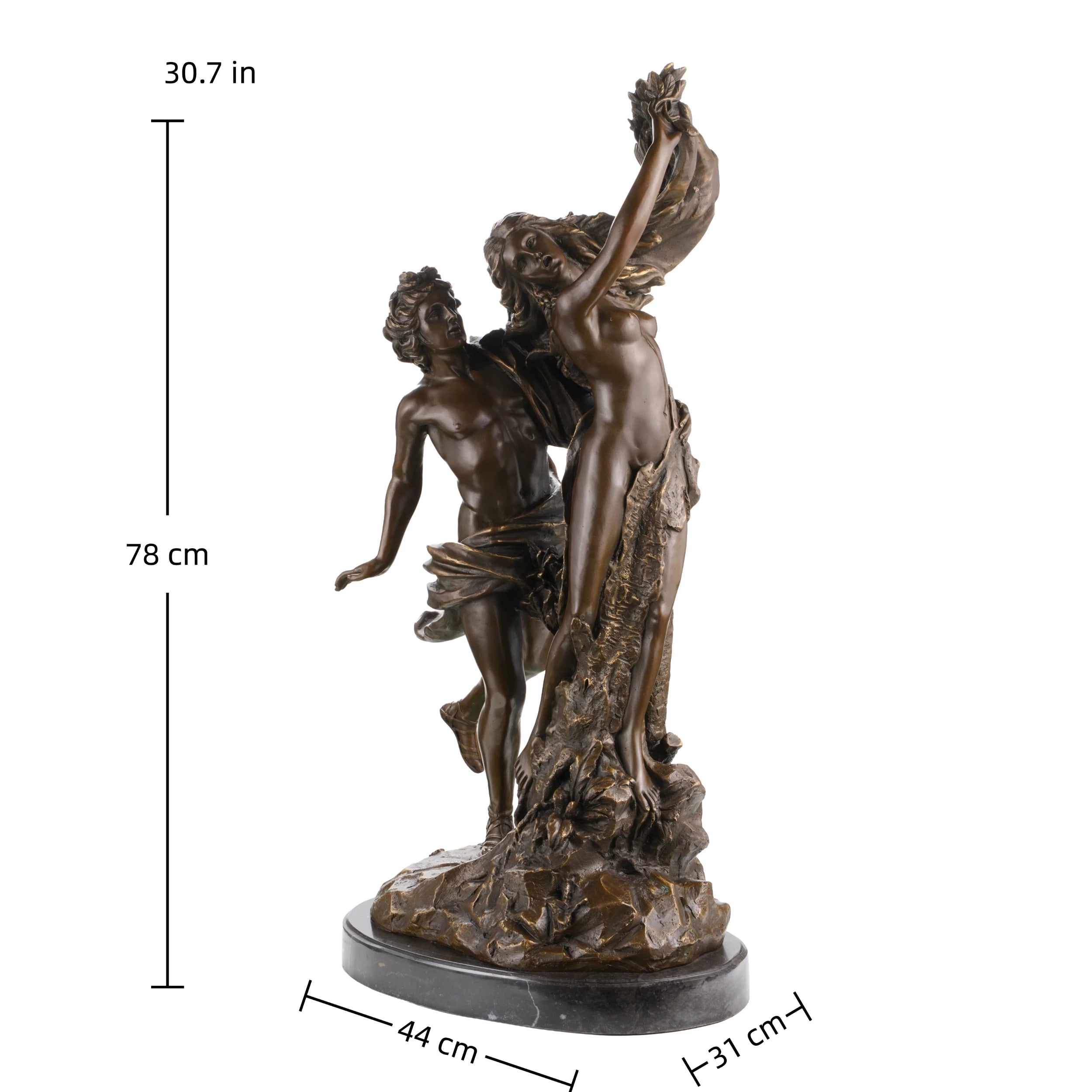 Dramatic bronze Cupid and Psyche sculpture in tender embrace, mythological love and soul statue on oval black marble base, loss wax casting romantic fine art.