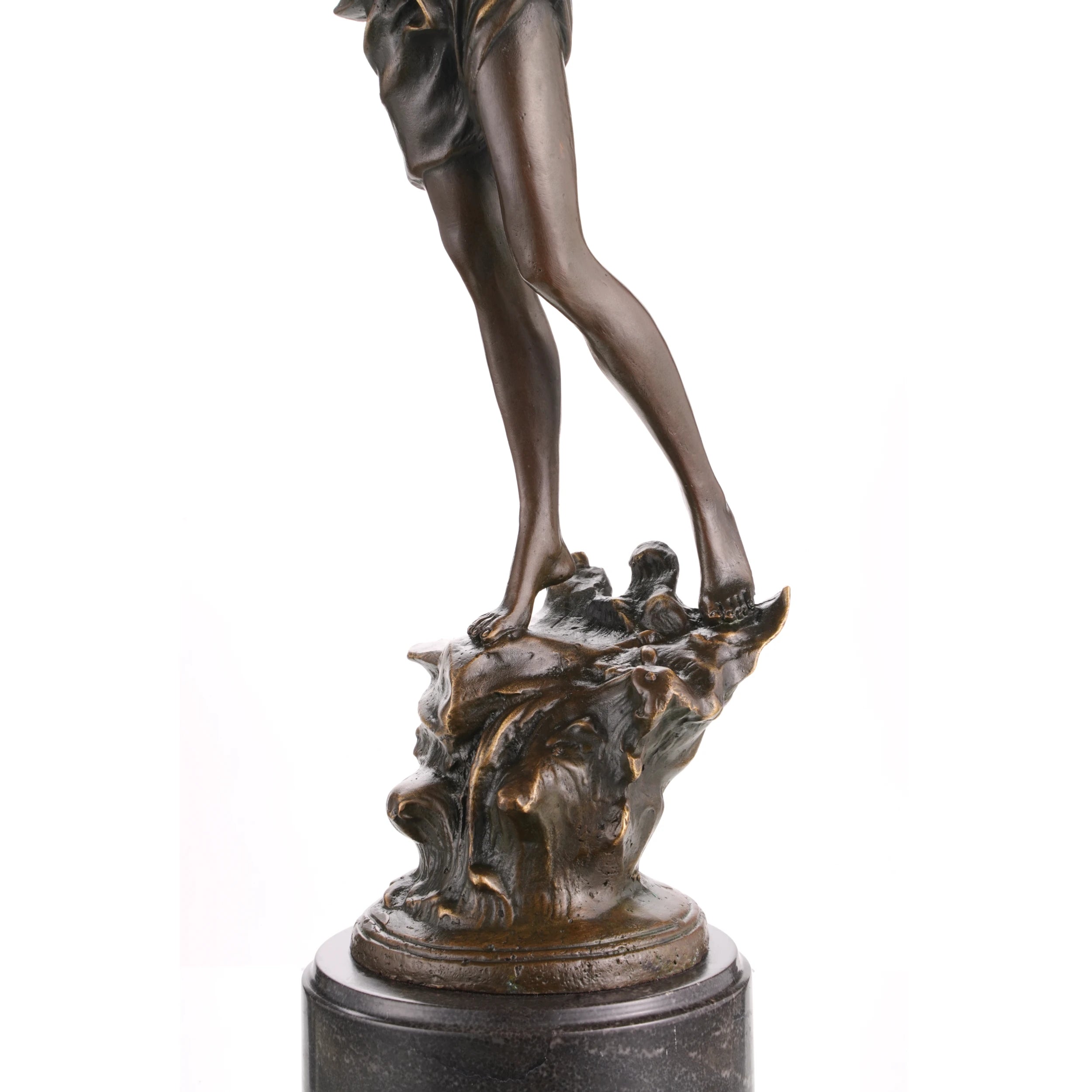 Classical bronze sculpture of Greek god Pan playing syrinx pan flute, athletic mythological figure on cylindrical black marble base, loss wax casting art for home library.