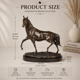 Dynamic galloping bronze horse sculpture with flowing mane and tail, realistic running horse statue on veined black marble base, loss wax casting fine art.