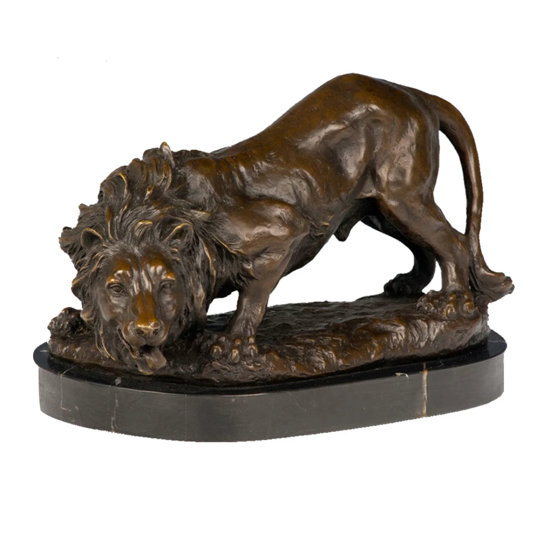 Handcrafted prowling bronze lion sculpture in a low powerful stance