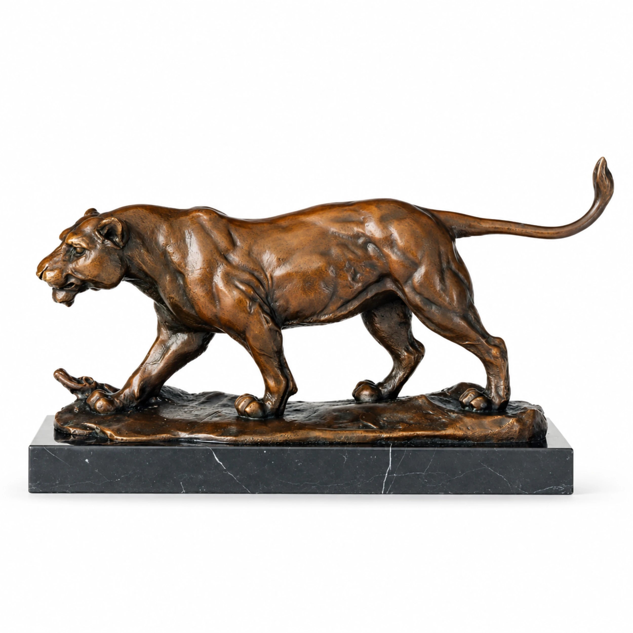 Prowling Lioness Bronze Sculpture on a clean white background