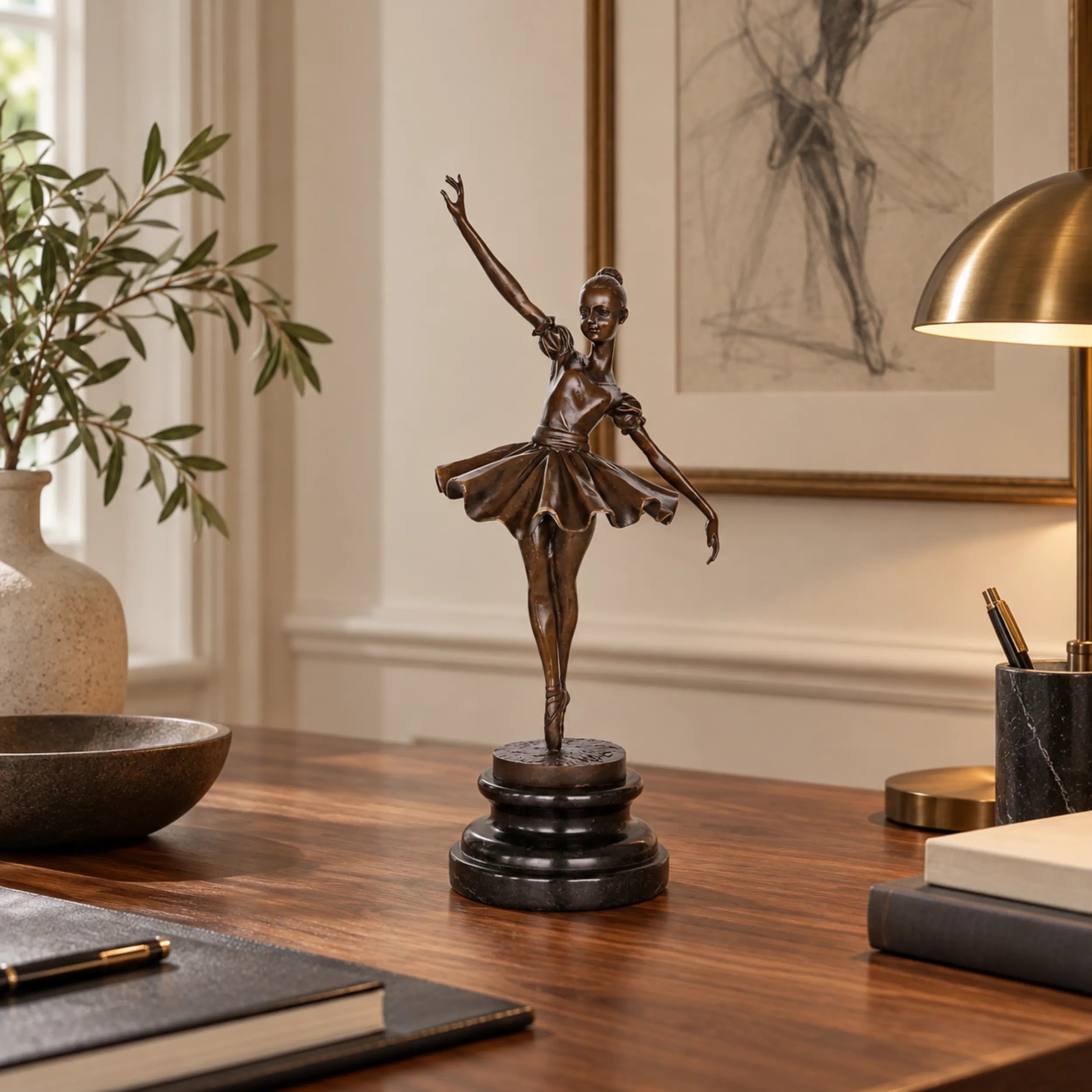 Puff sleeve ballerina bronze sculpture displayed as elegant home decor