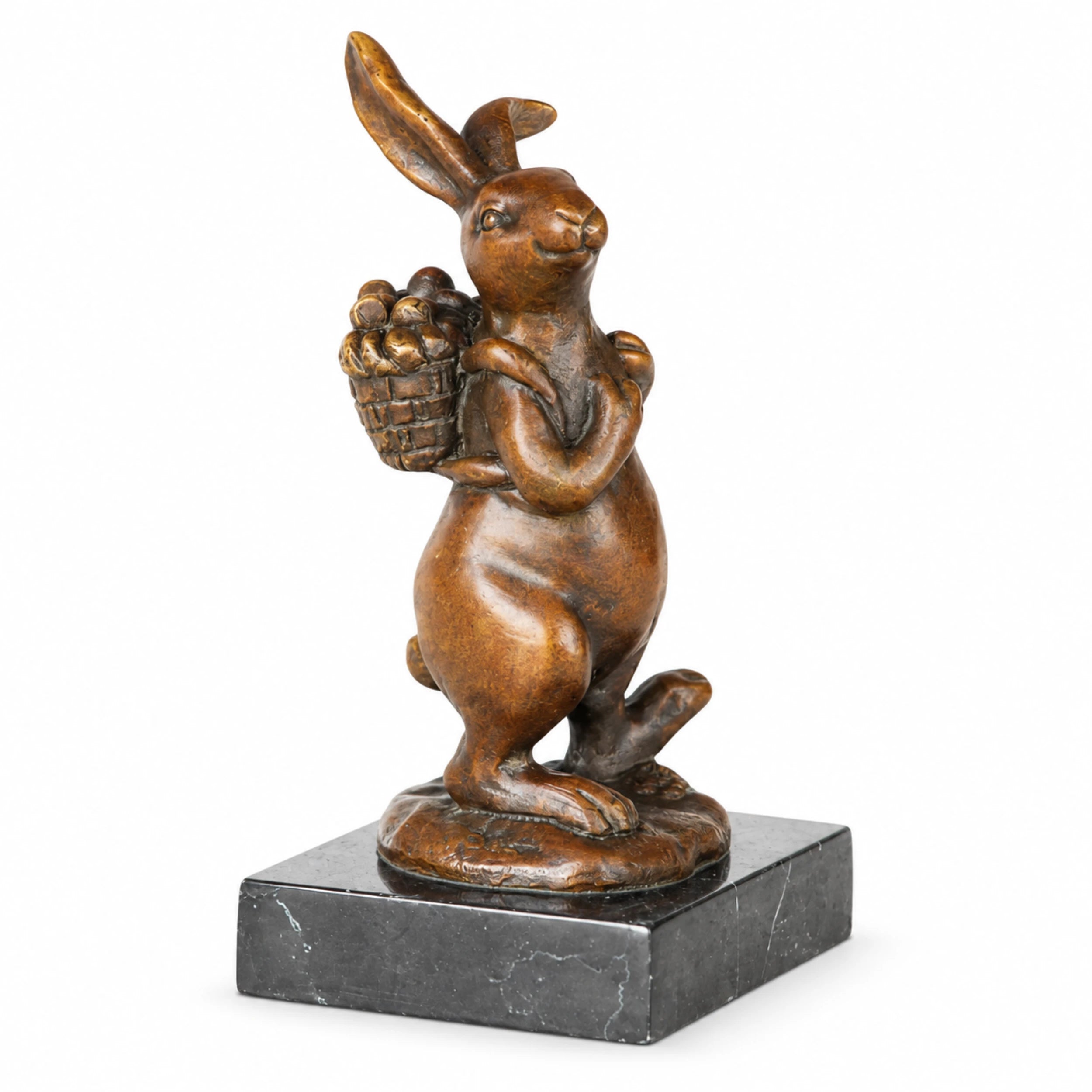 Rabbit with Basket Bronze Sculpture on a clean white background