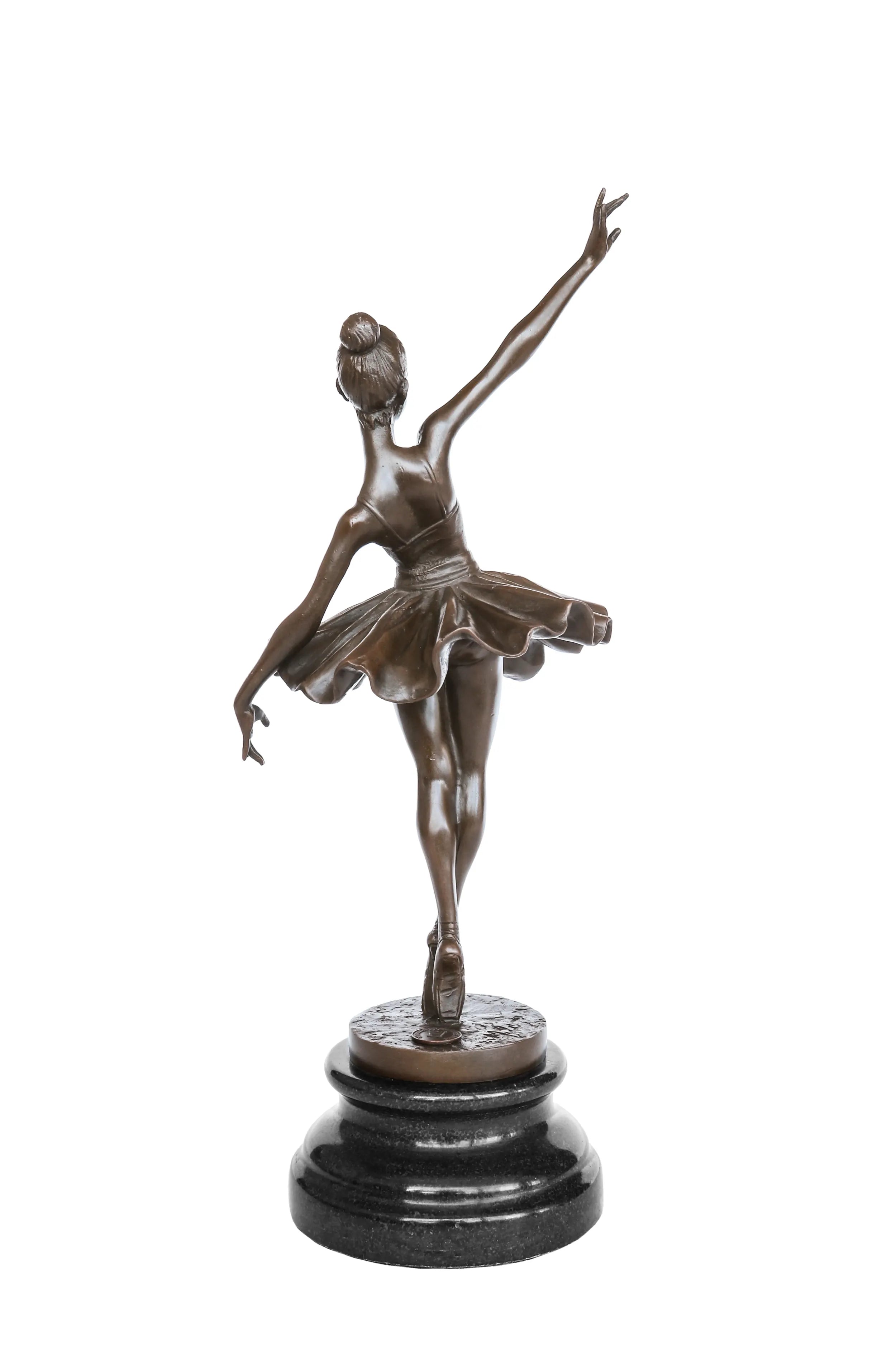 Back view of reaching ballerina bronze sculpture showing the detailed tutu and graceful posture