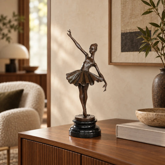 Reaching ballerina bronze sculpture displayed on an elegant console table in a modern living room