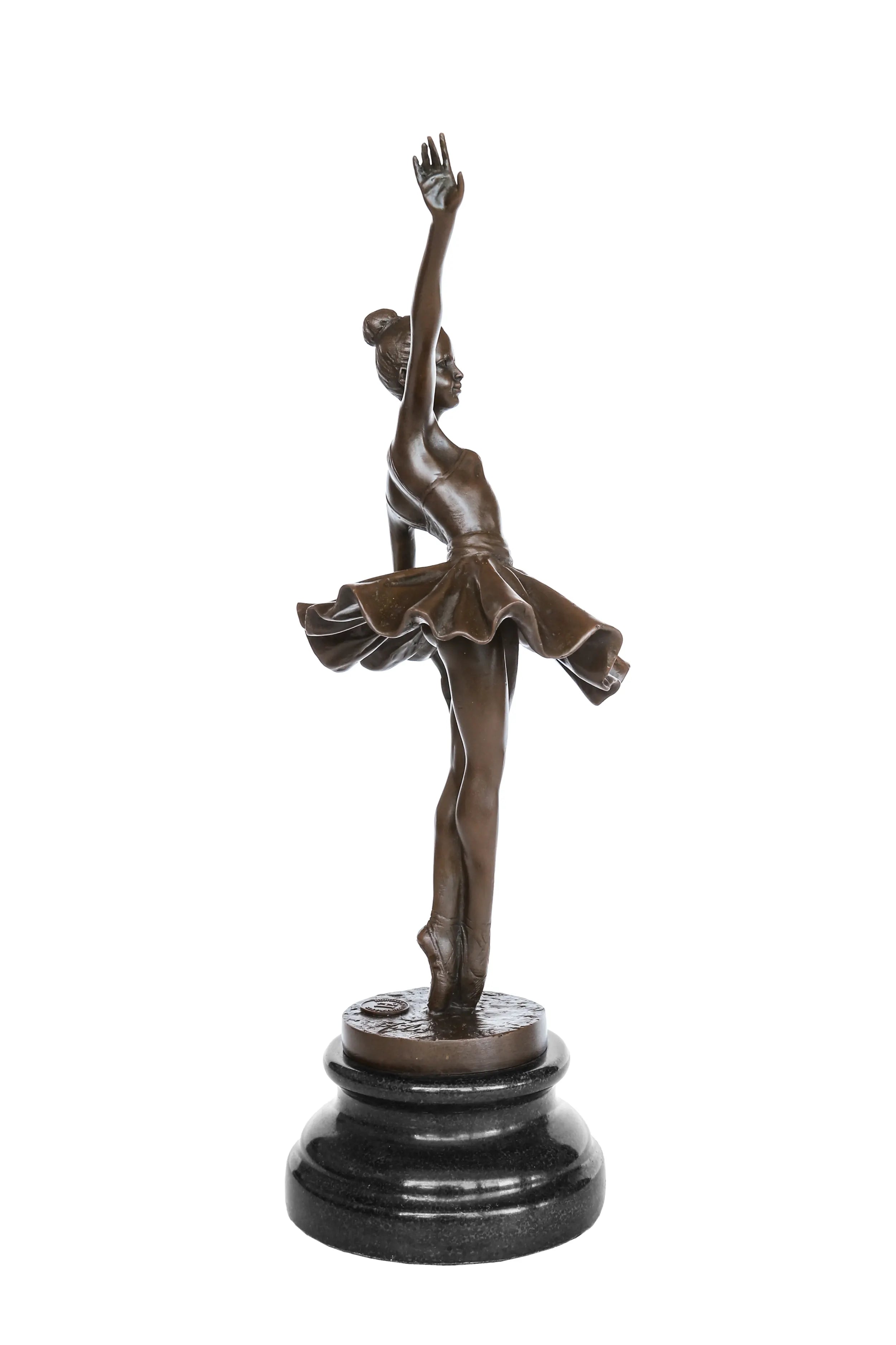 Right side view of elegant ballet dancer bronze statue with a flowing tutu