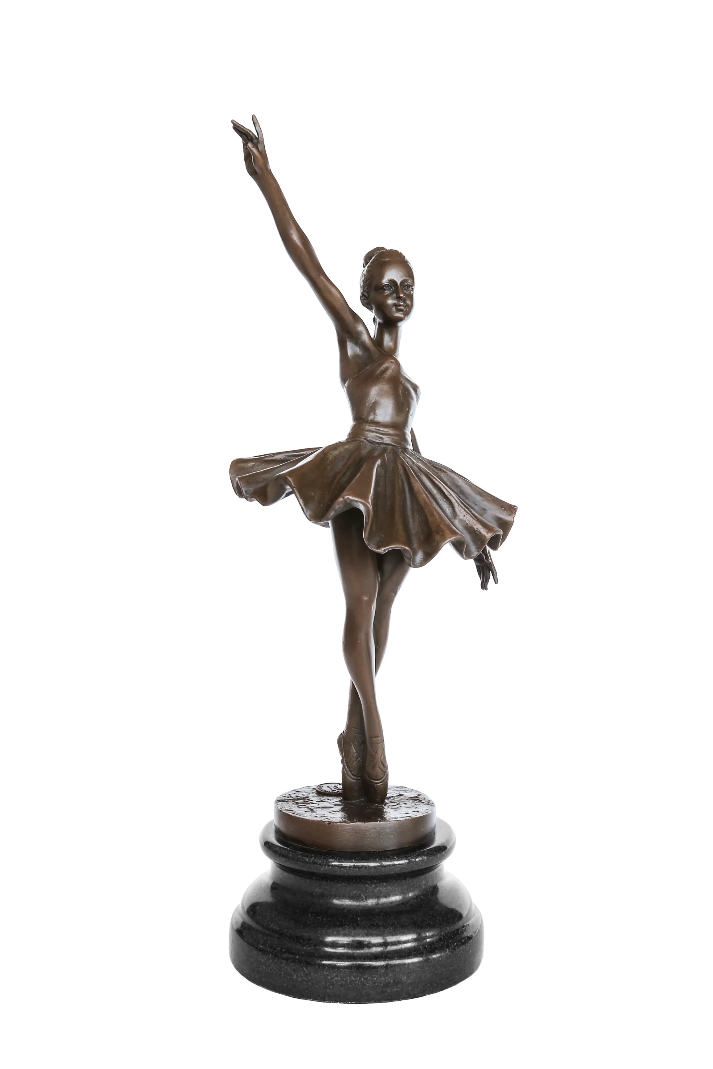 Close-up of ballerina bronze sculpture showing the dancer's face and gracefully extended arm