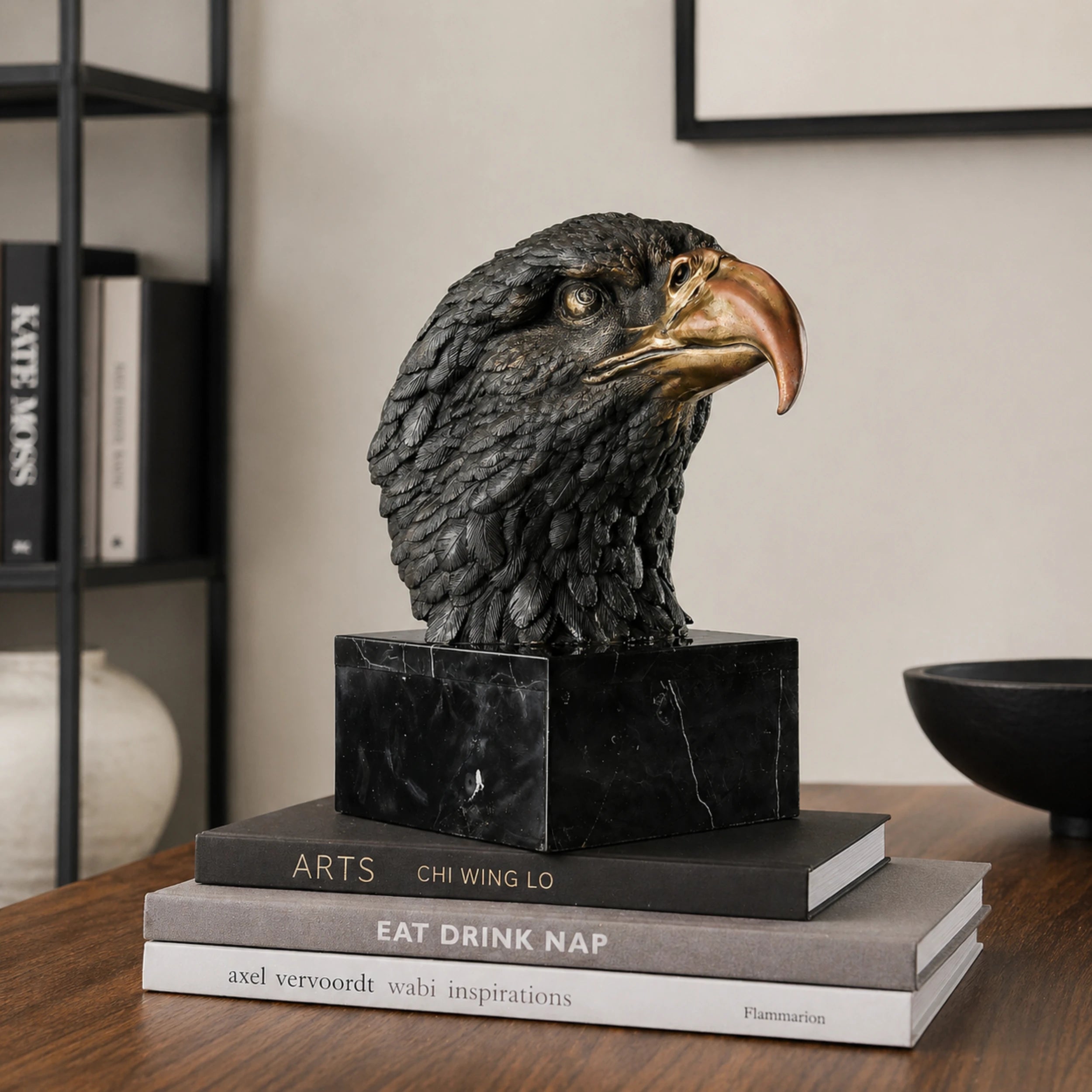 Highly detailed bald eagle head bronze sculpture with gilded beak and piercing gaze. A bold symbol of power, vision, and leadership.