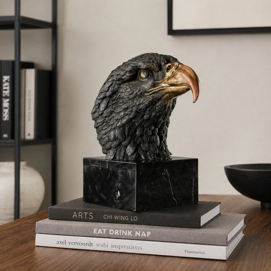 Highly detailed bald eagle head bronze sculpture with gilded beak and piercing gaze. A bold symbol of power, vision, and leadership.