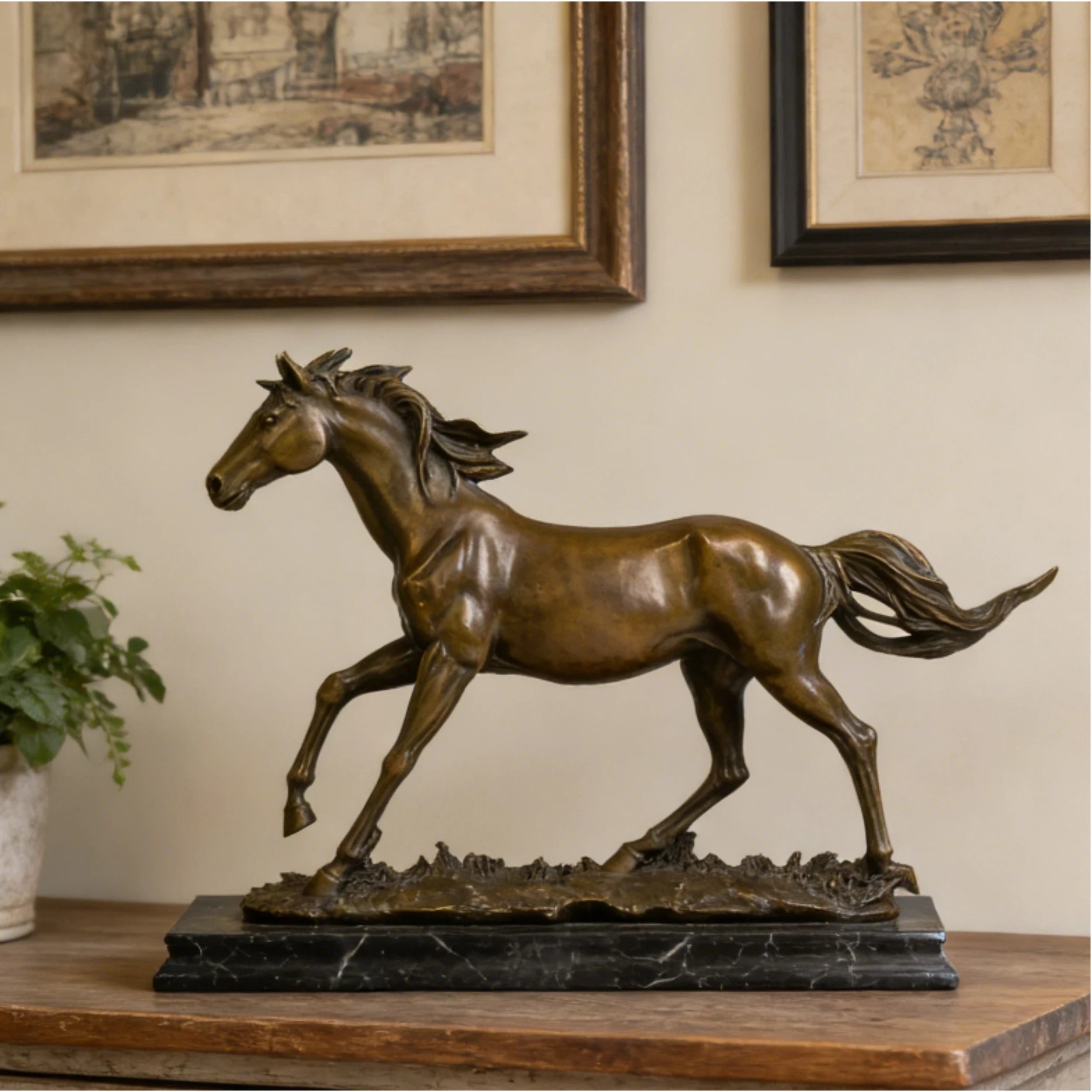 Dynamic galloping bronze horse sculpture with flowing mane and tail, realistic running horse statue on veined black marble base, loss wax casting fine art.