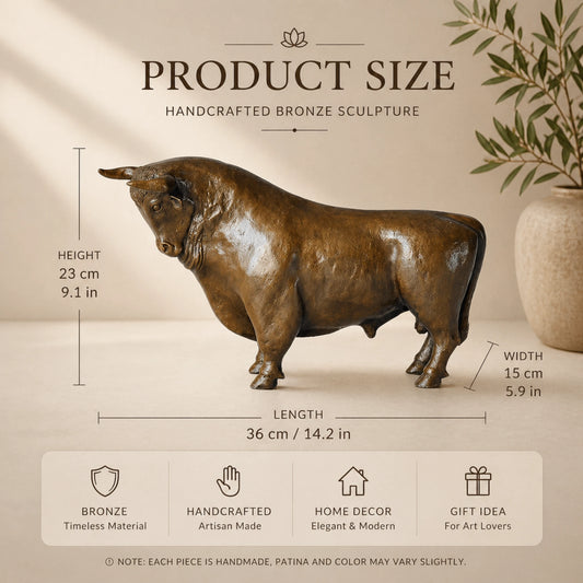 Lifelike standing bronze bull statue with muscular anatomy, realistic animal sculpture with warm brown patina, loss wax casting fine art for office decor.