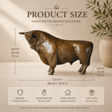 Lifelike standing bronze bull statue with muscular anatomy, realistic animal sculpture with warm brown patina, loss wax casting fine art for office decor.