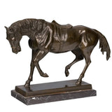 Saddled bronze horse sculpture with detailed tack and dark patina, realistic walking equestrian statue on veined black marble base, loss wax casting fine art.