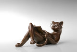 Reclining Reading Cat bronze sculpture three-quarter view