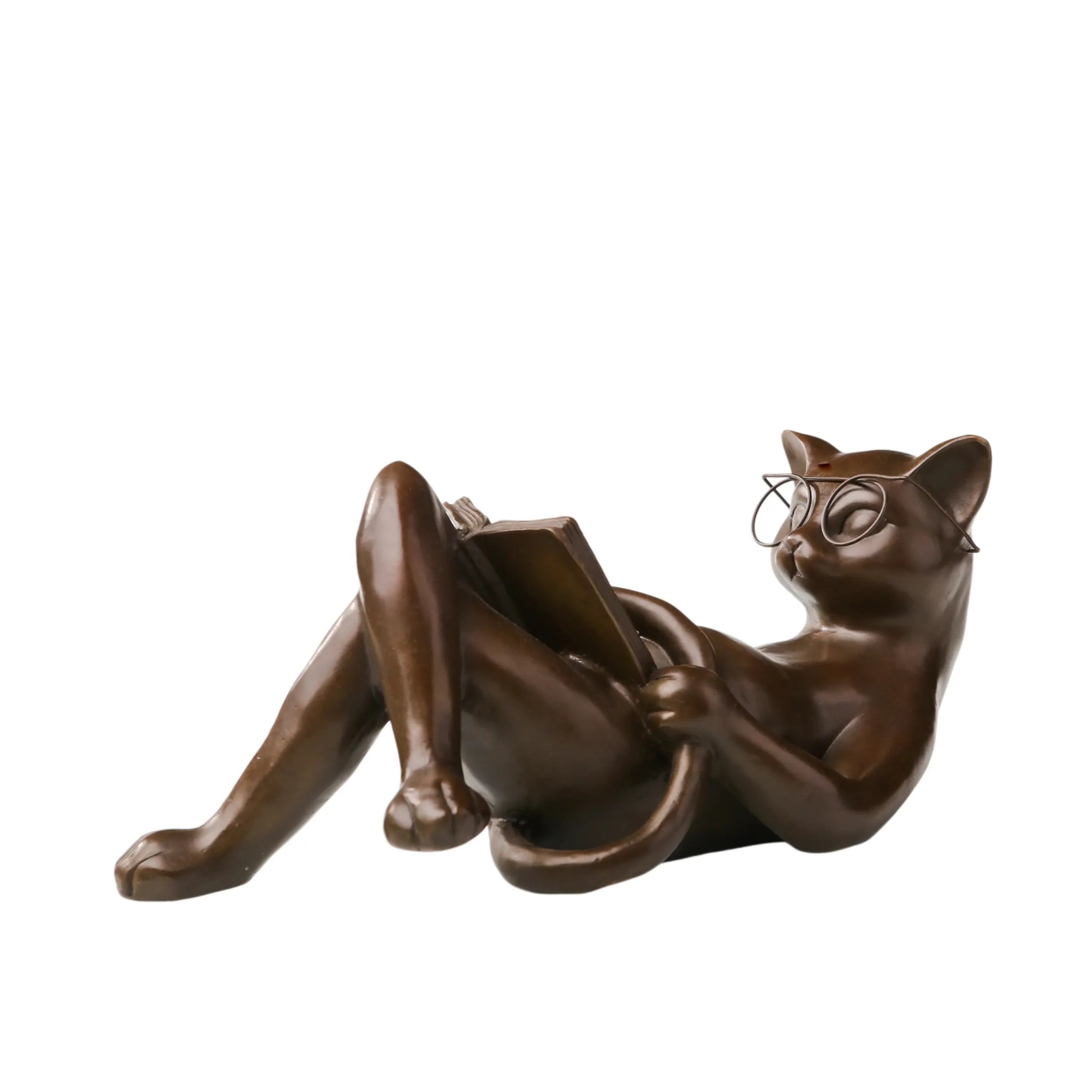Reclining reading cat bronze sculpture wearing glasses and holding a book