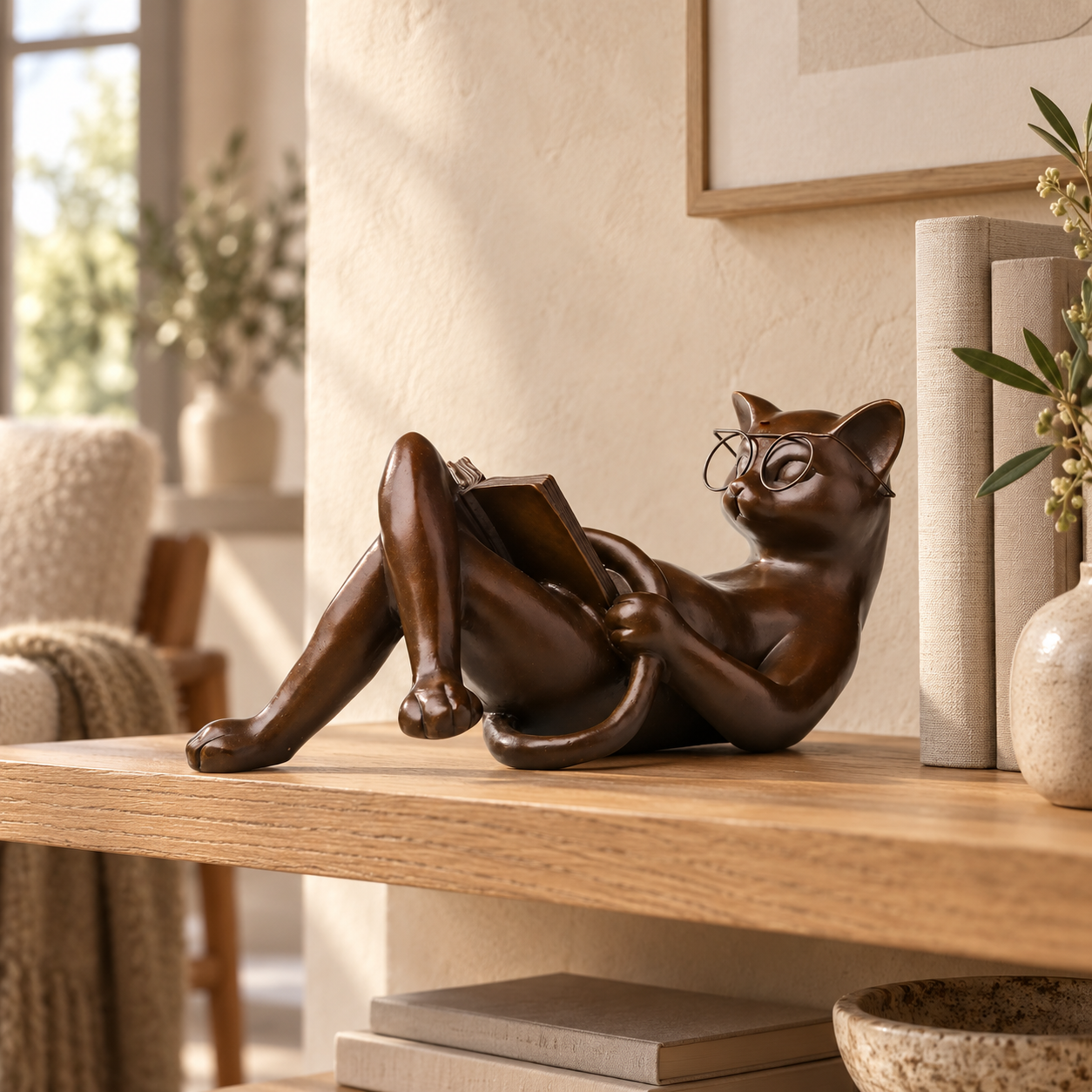 Reclining Reading Cat bronze sculpture displayed in a minimalist interior