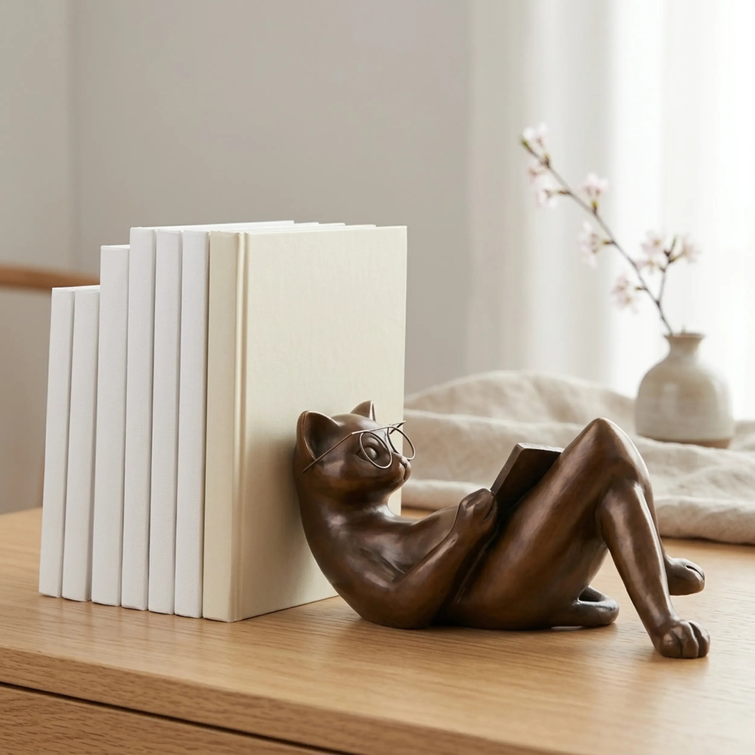 Left view of reclining reading cat bronze sculpture with book