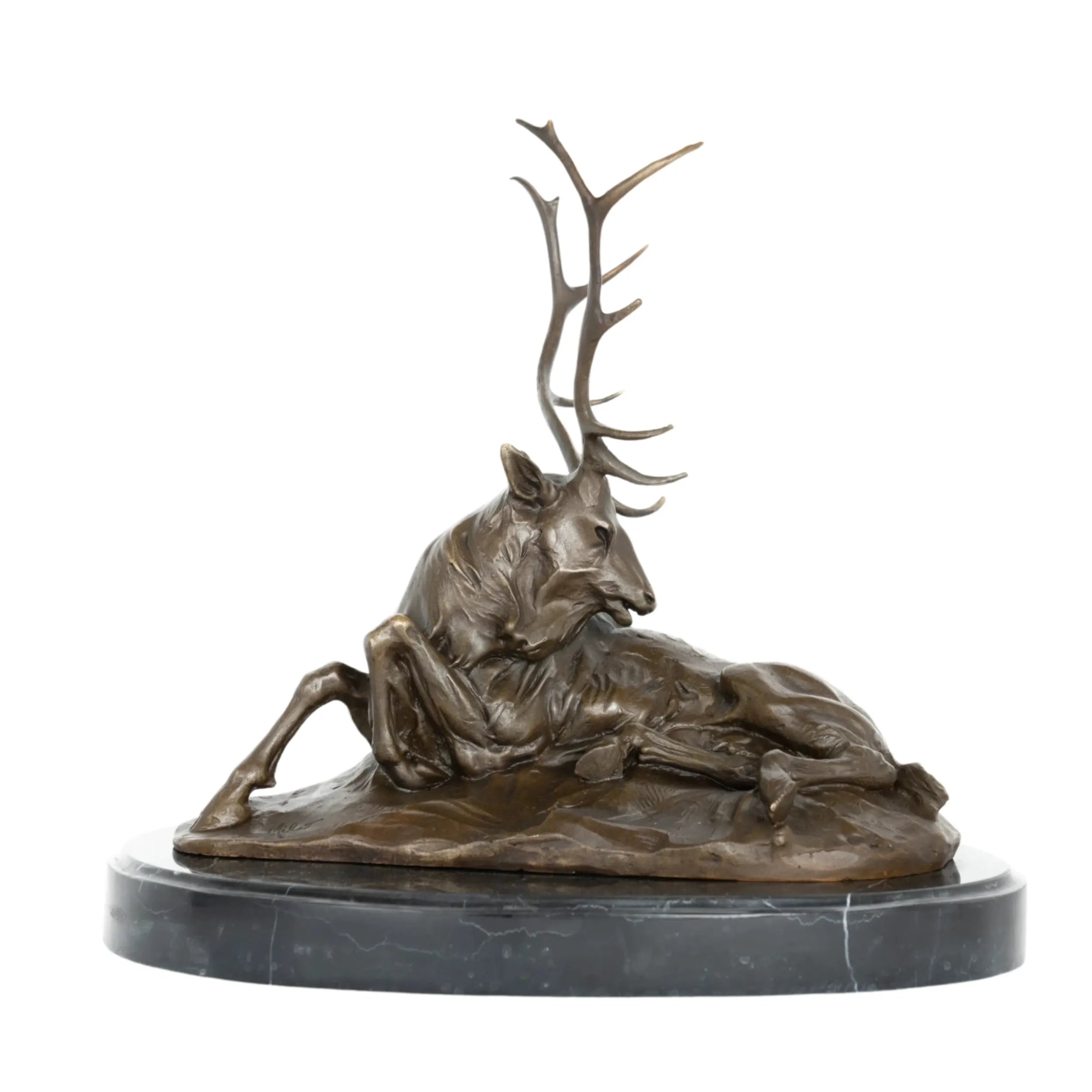 Right side view of reclining stag bronze sculpture with tall antlers