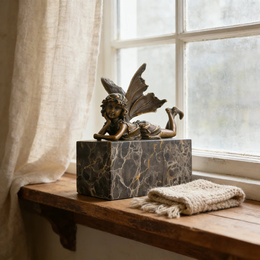 Reclining fairy bronze statue with butterfly wings on marble base