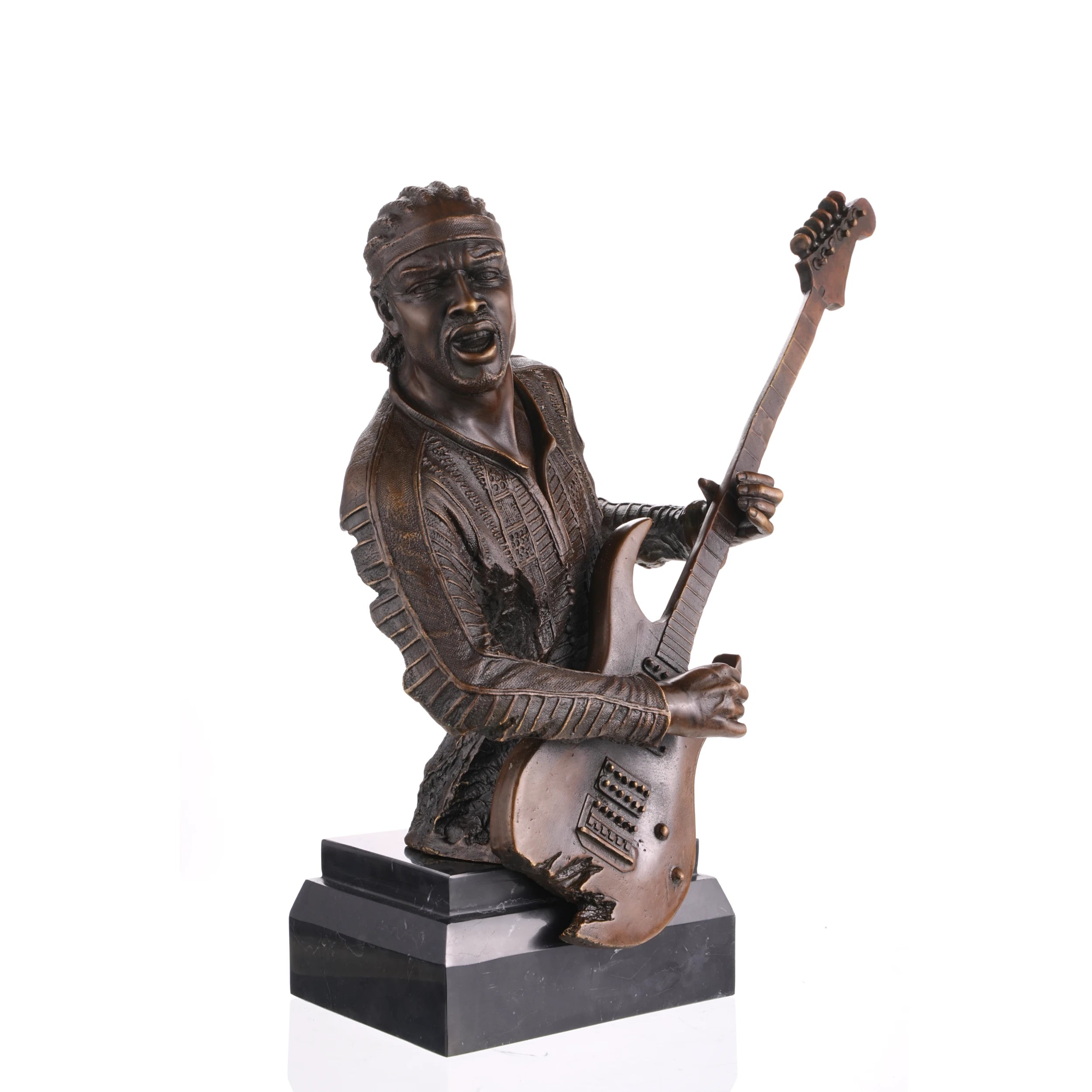 Handcrafted rock guitarist bronze bust sculpture with electric guitar on black marble base.