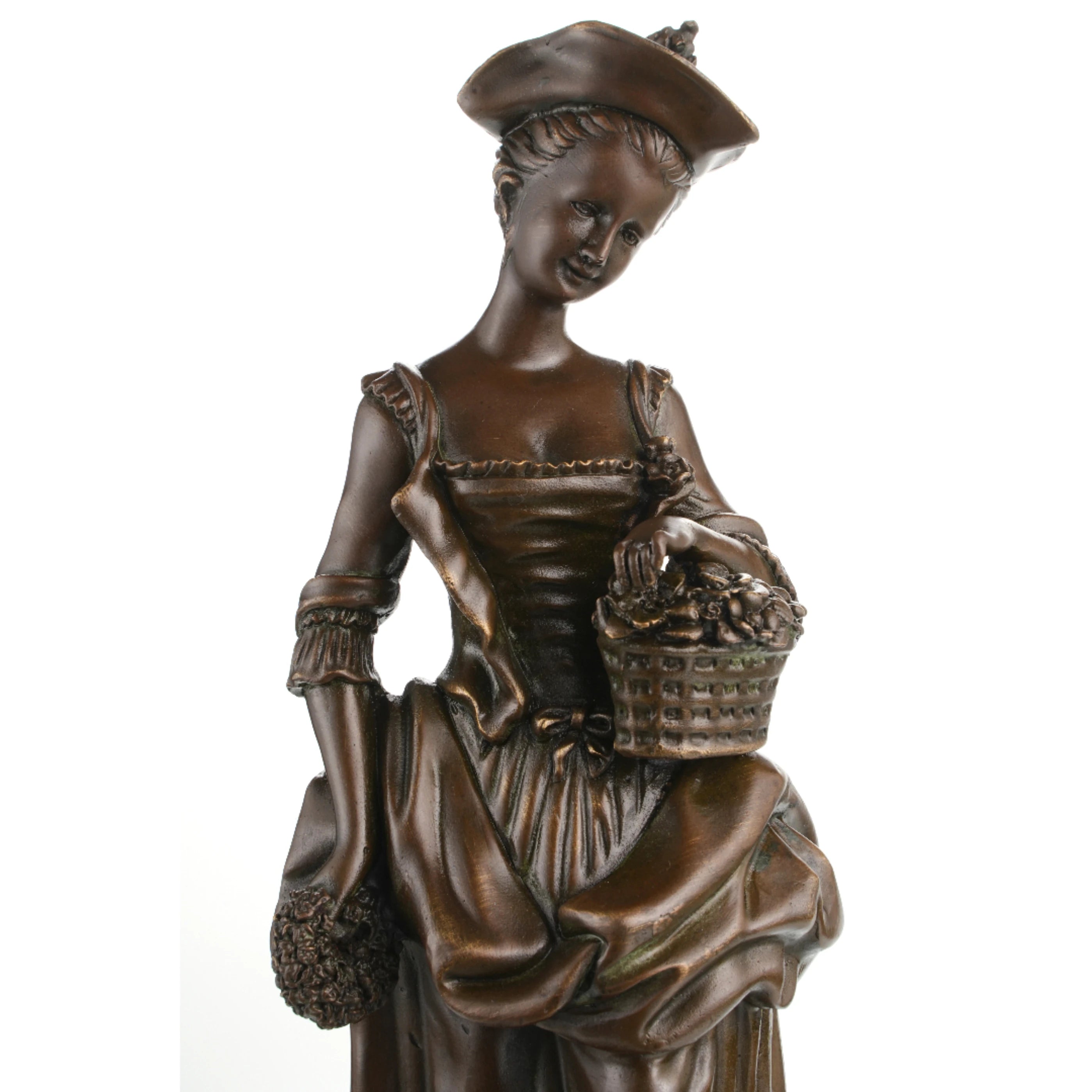 Elegant 18th century style bronze flower girl sculpture with tricorn hat and floral basket, Rococo maiden statue on stepped black marble base, loss wax casting fine art.