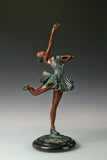 Three-quarter view of handcrafted roller skating ballerina bronze statue