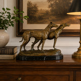 Bronze Greyhound pair sculpture displayed as elegant hunting lodge study and country home decor