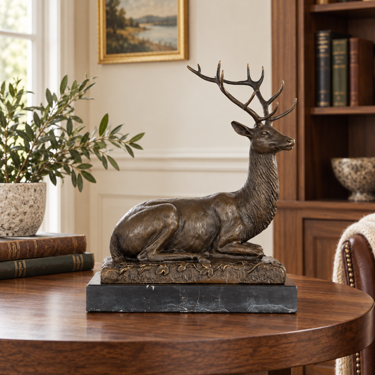 Seated bronze stag sculpture displayed as elegant wildlife decor in a refined home or office interior
