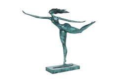 Full view of green patina bronze dancer balancing on one leg with a horizontal pose